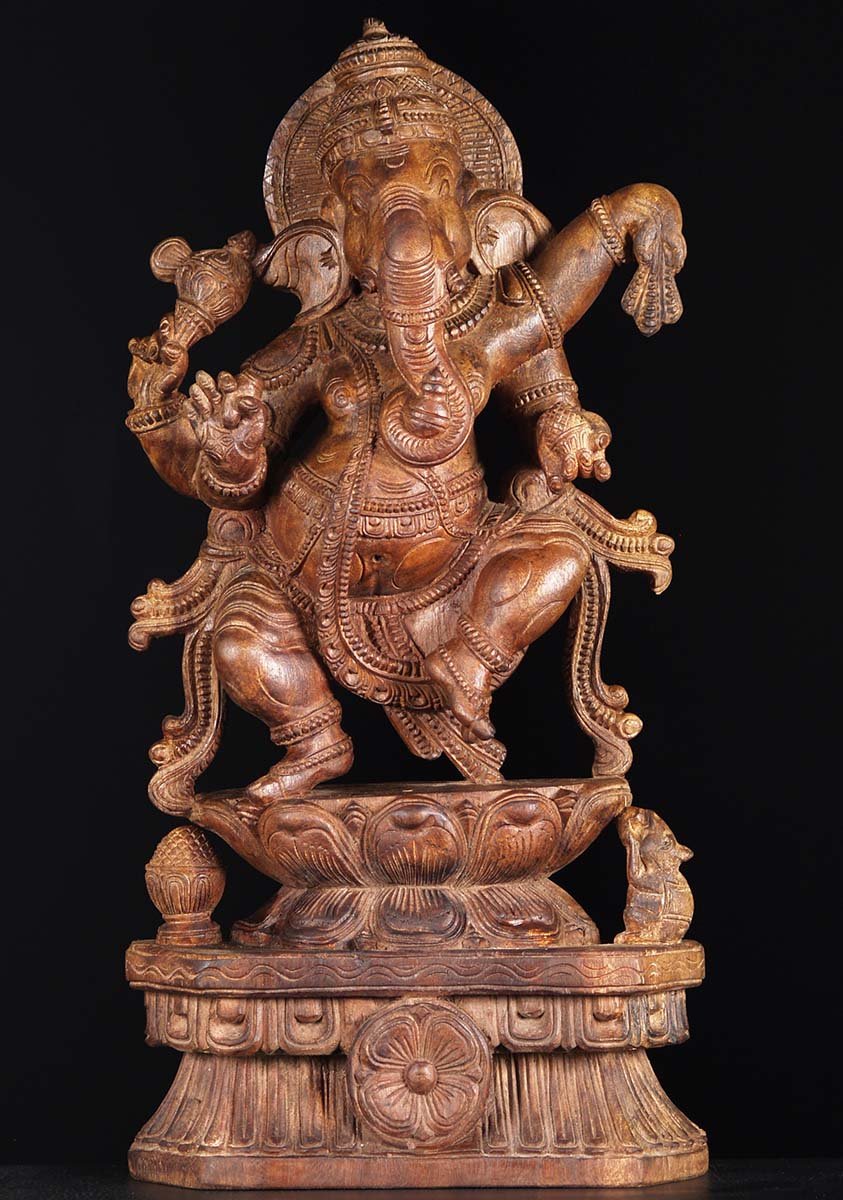 Dancing Ganapathi Wood Statue 30"