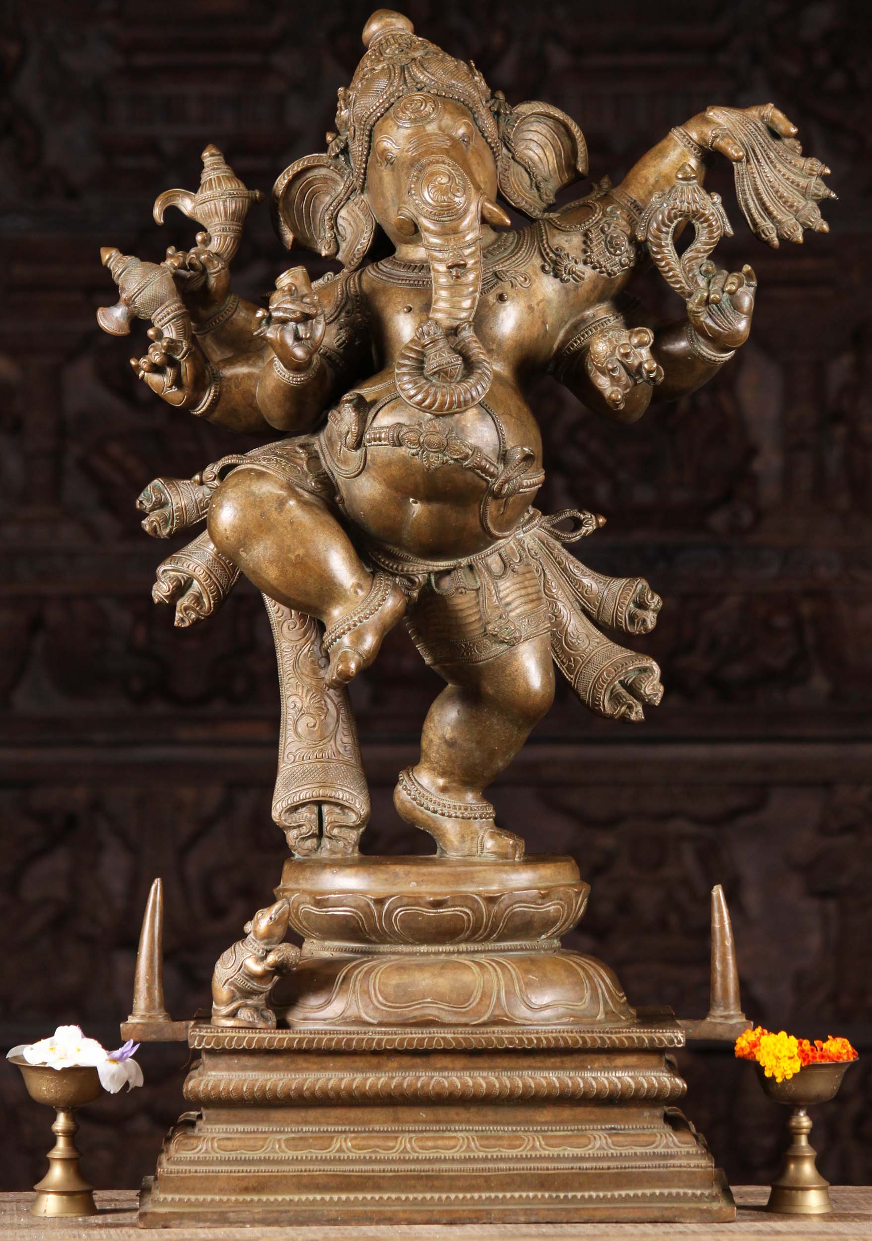 Bronze Dancing Ganesh With 6 Arms with Rat 30"