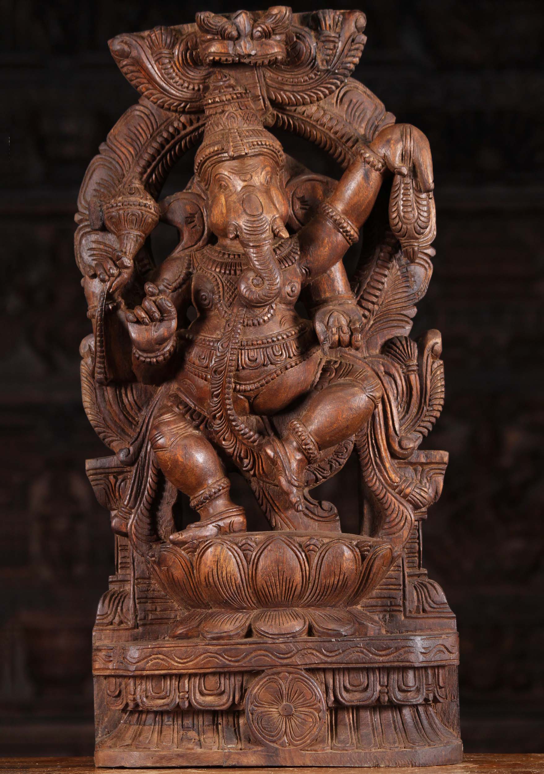 Wooden Dancing Ganesha with Mahakala Arch 24"