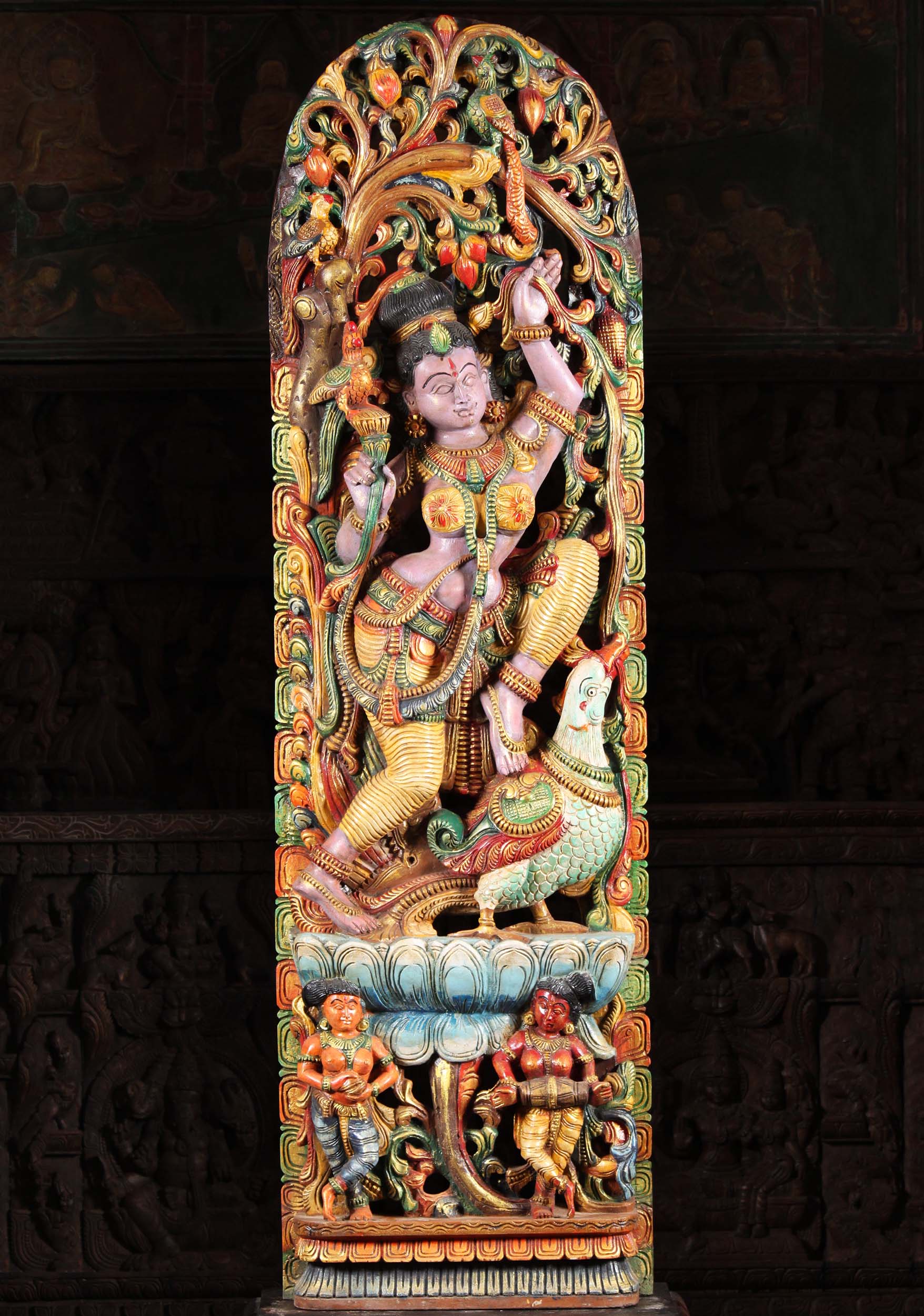 Wood Dancing Meenakshi of Madurai Statue with Peacocks & Dancing Temple Dancers, Basavis 62"