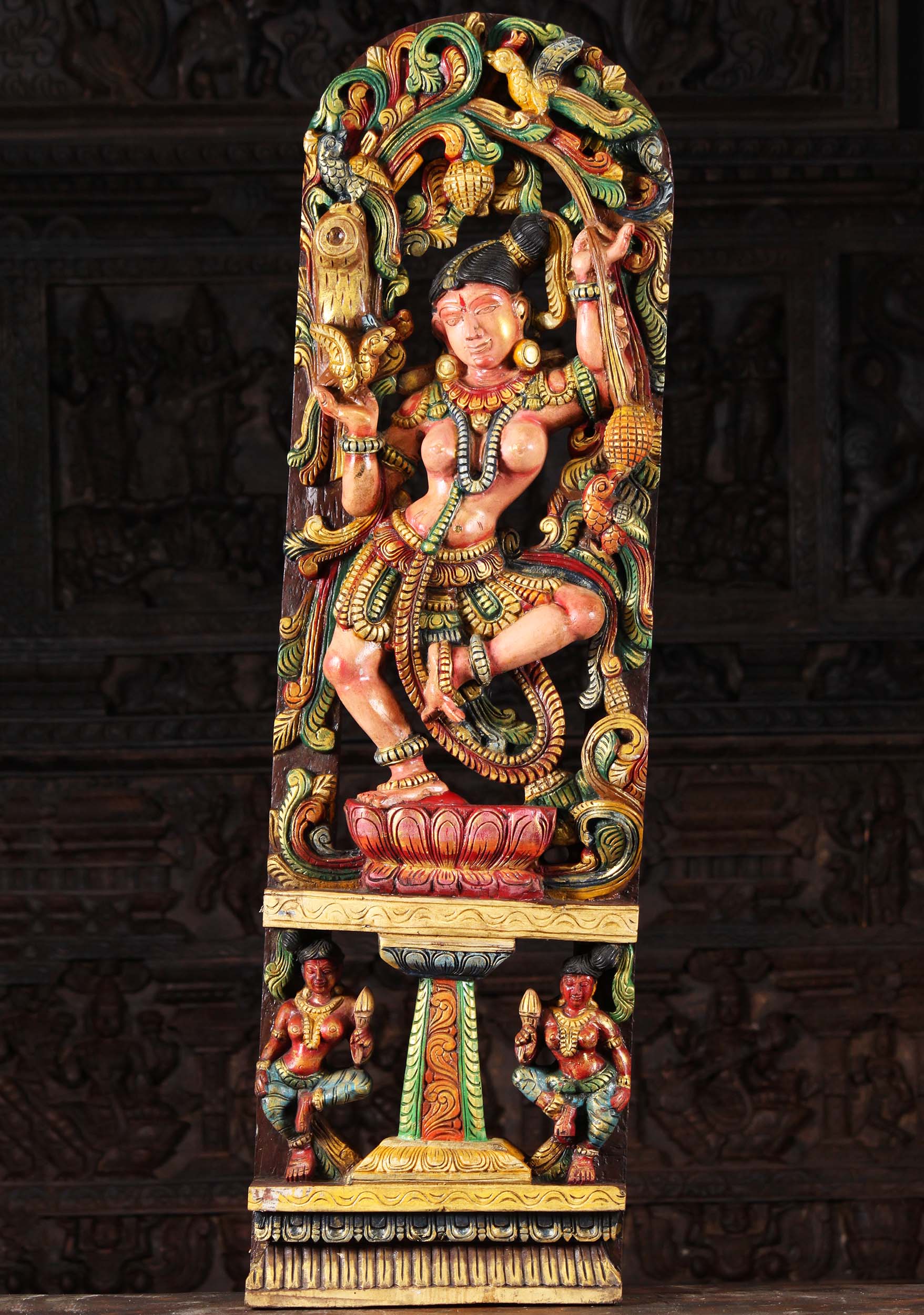 Wooden Dancing Meenakshi Statue with Parrot 48"