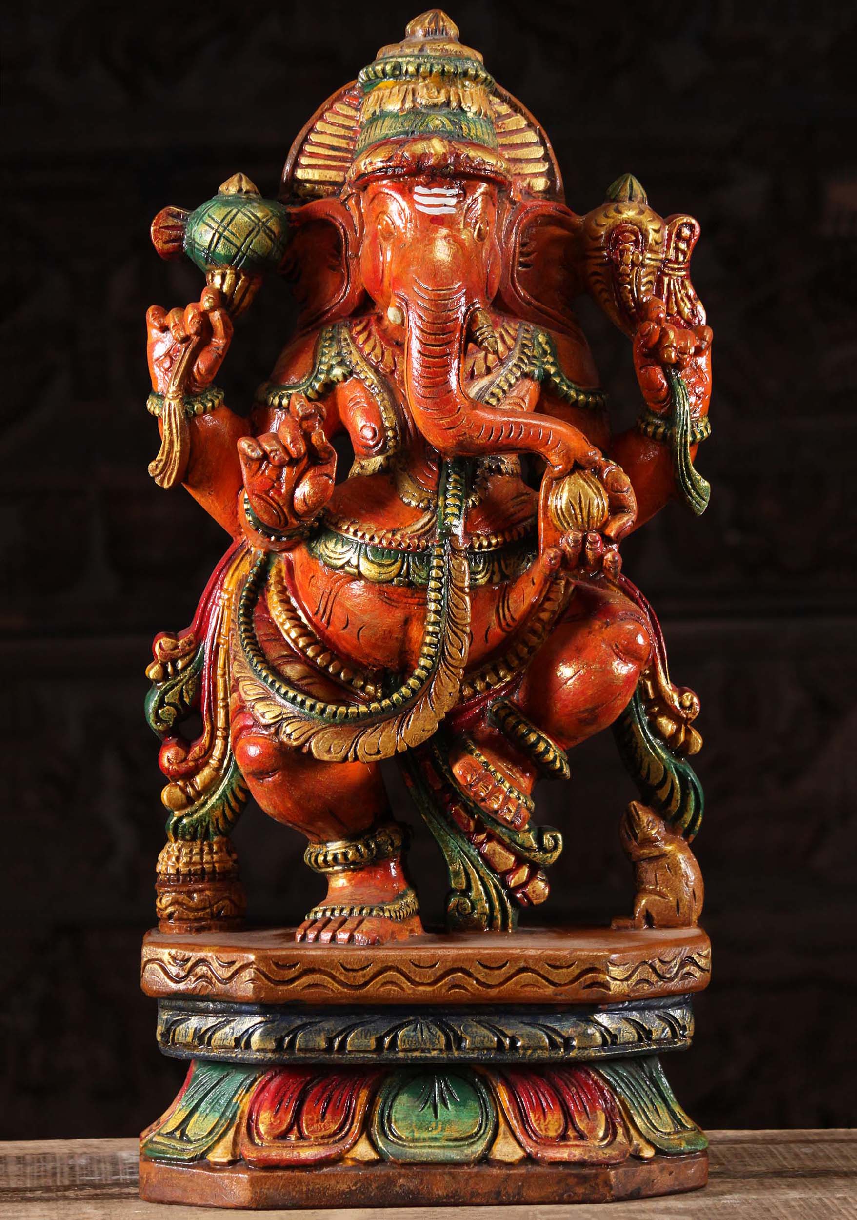 Wooden Dancing Red Ganesha Sculpture  24"