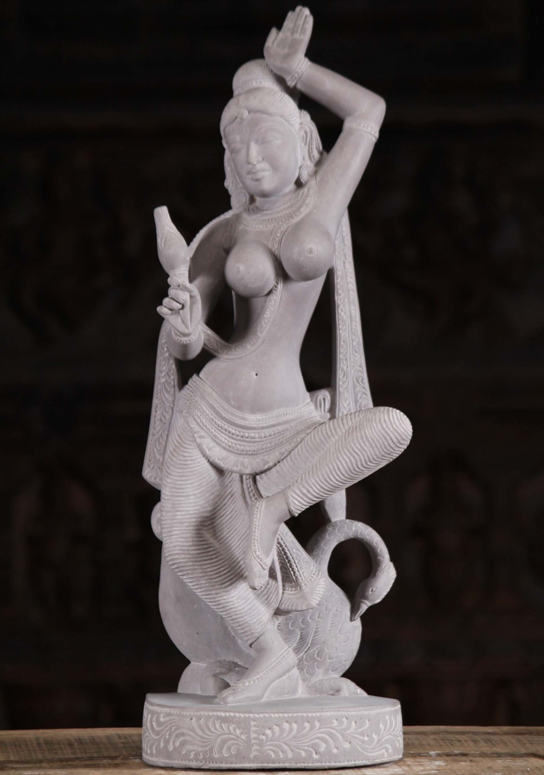 Marble Dancing Saraswati With Swan Statue 22"