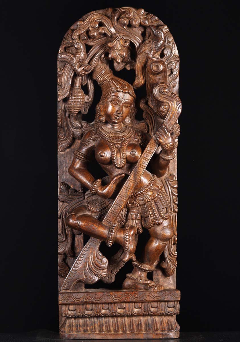 Dancing Saraswati Wood Statue 30"