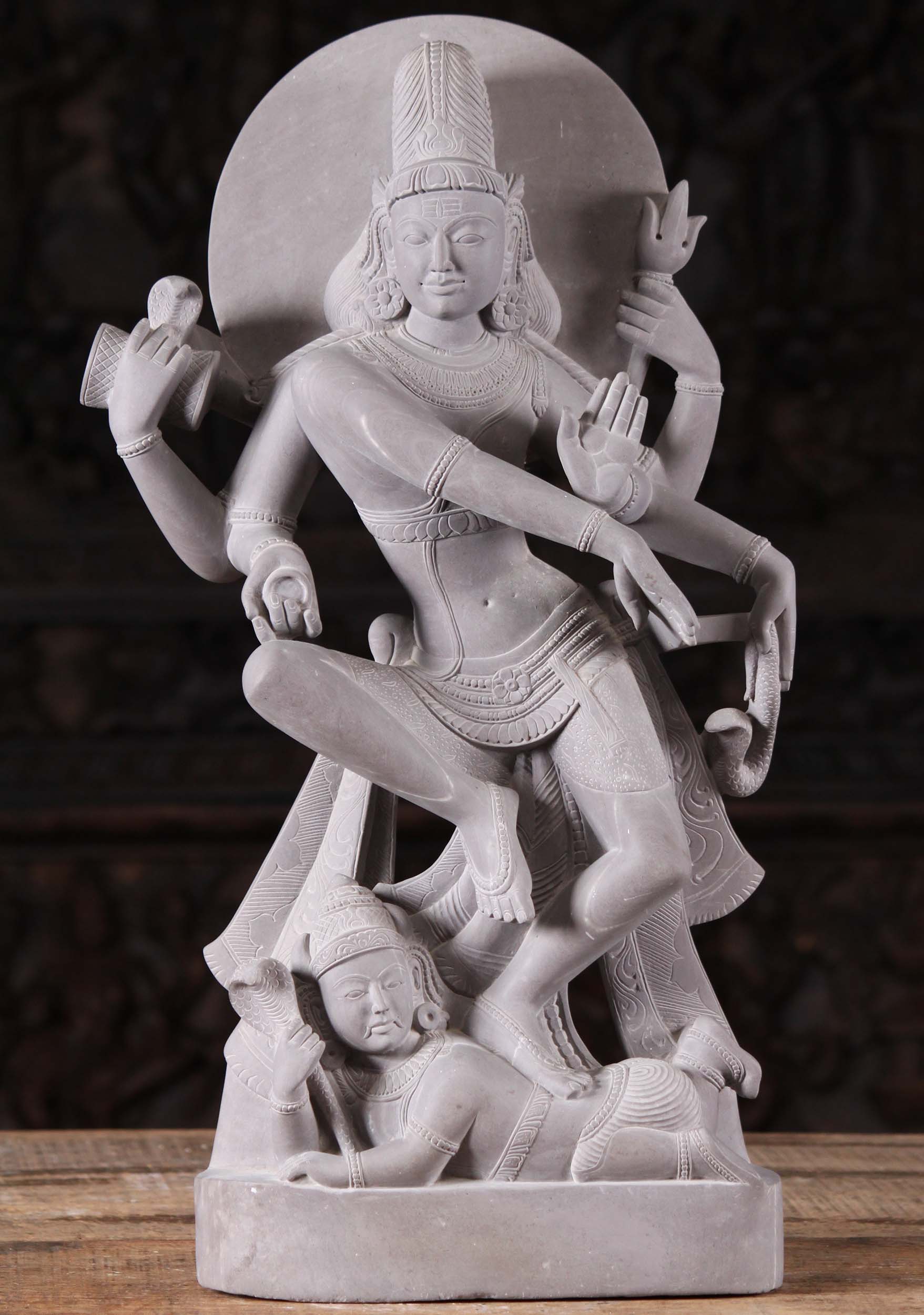 Gray Marble Carving of Lord Shiva Dancing on the Dwarf of Ignorance, Apasmara, with 6 Arms 22"