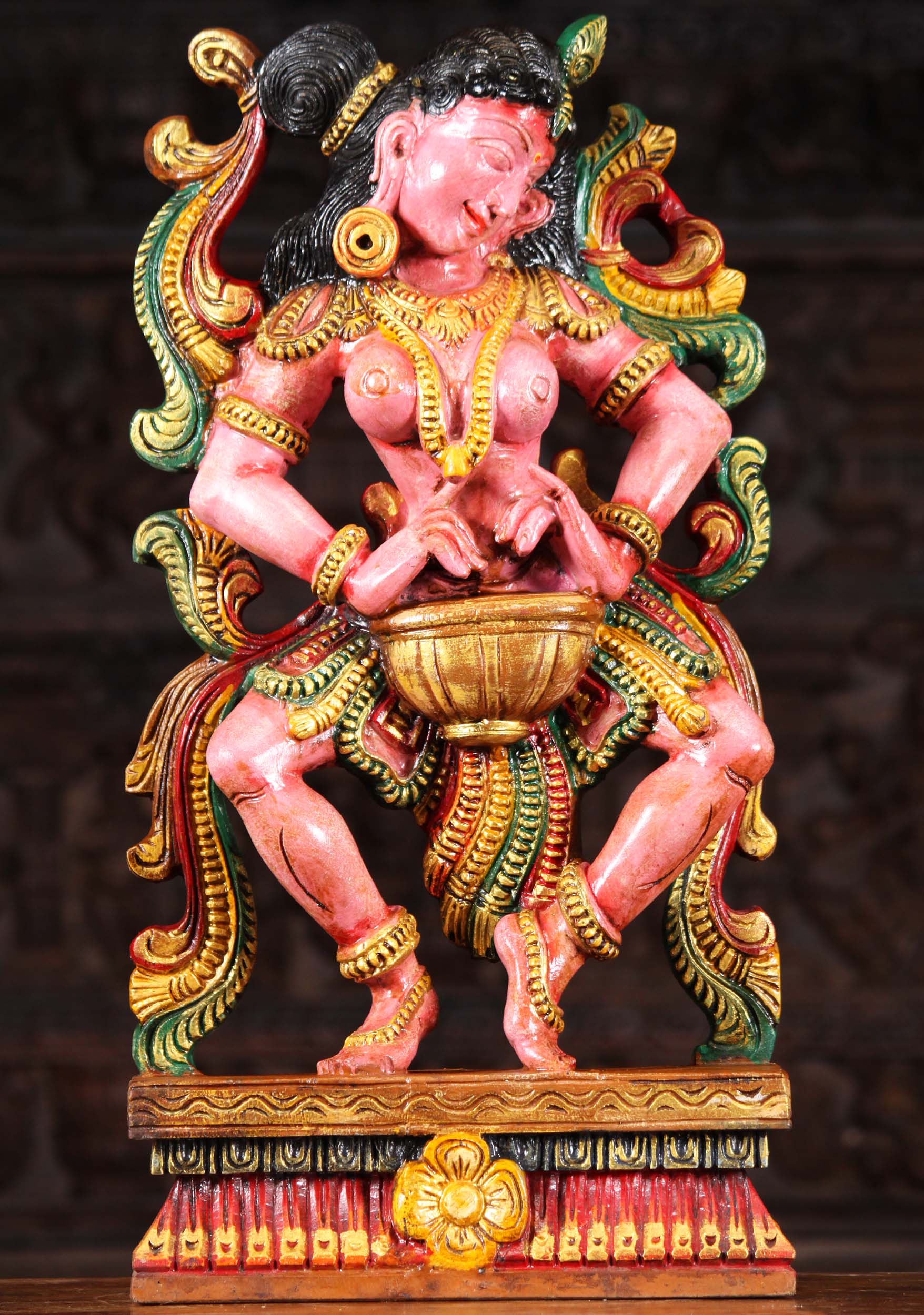 Dancing Wood Uma Devi Statue Playing Drum 24"