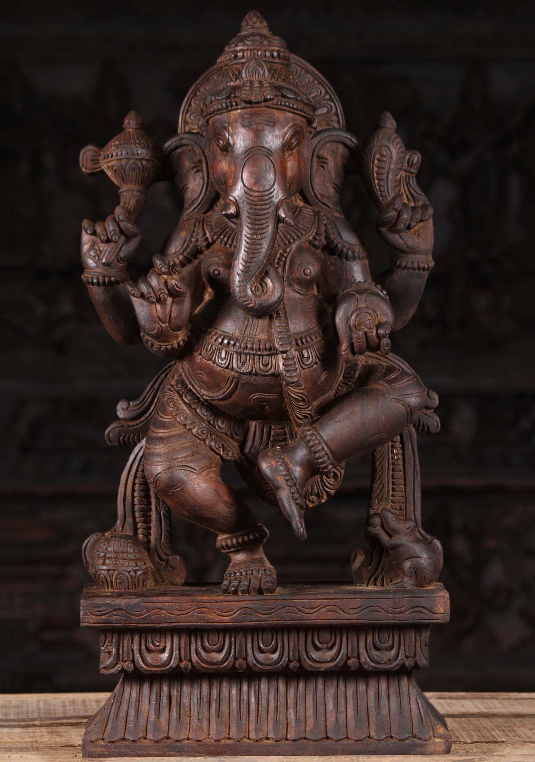 Dancing Wood Ganesh Statue Holding Tusk 24"