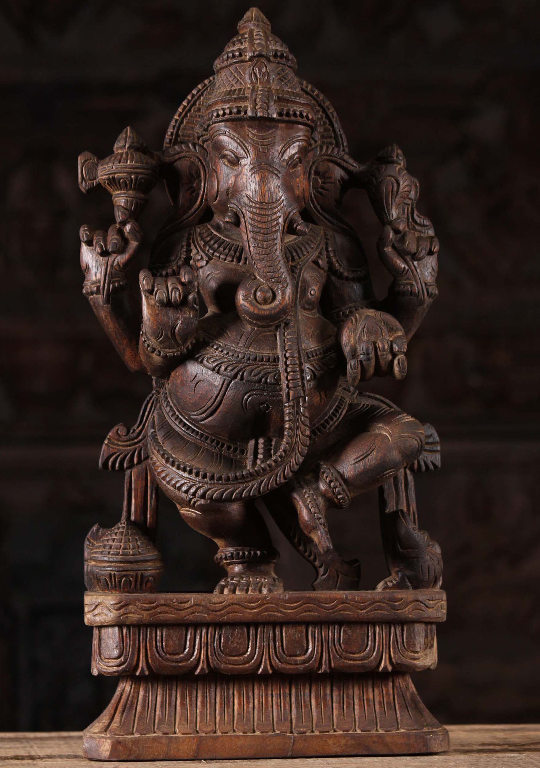 Wood Dancing Ganesha Sculpture 18"