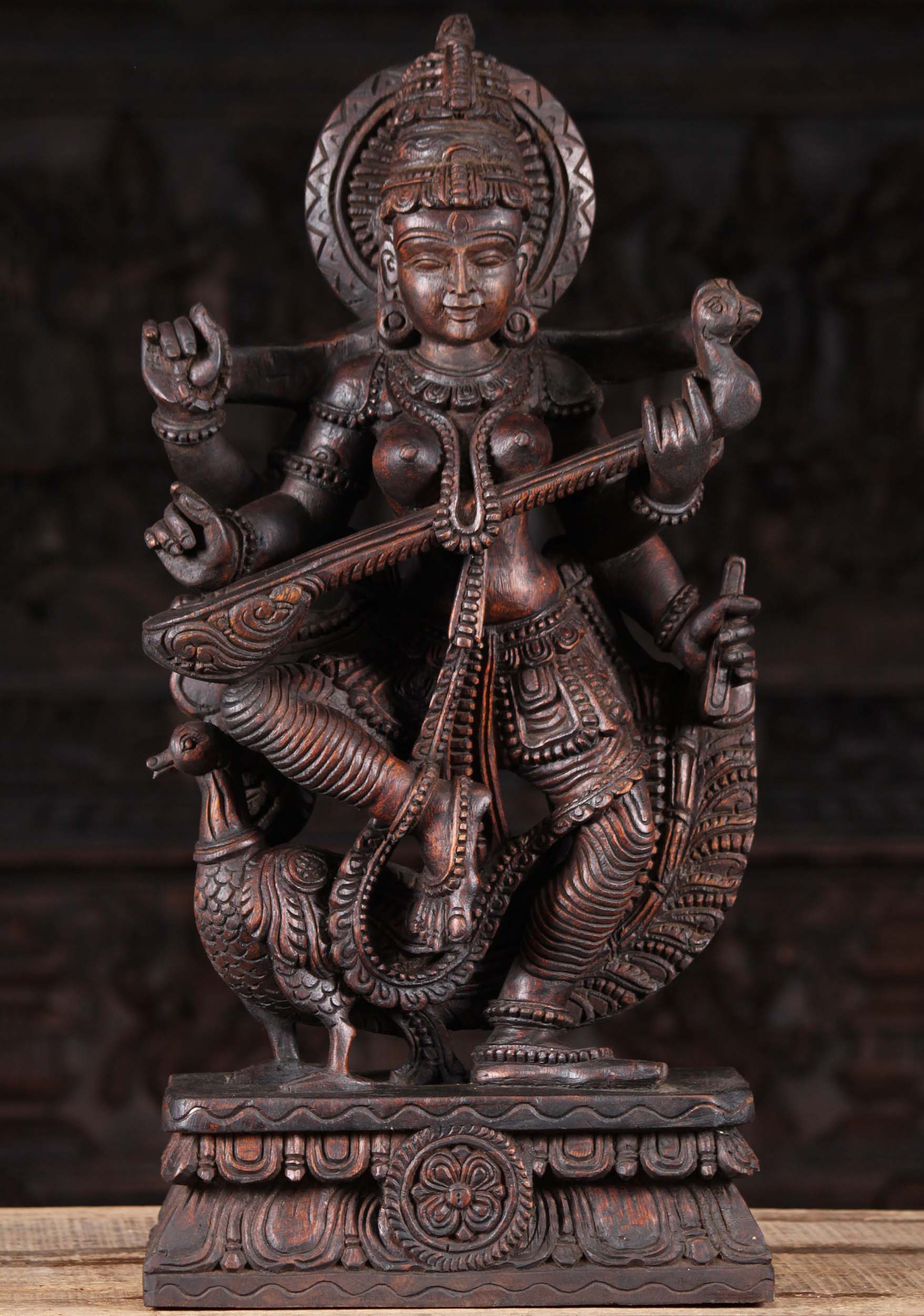 Dancing Wood Saraswati With Peacock & Veena 24"