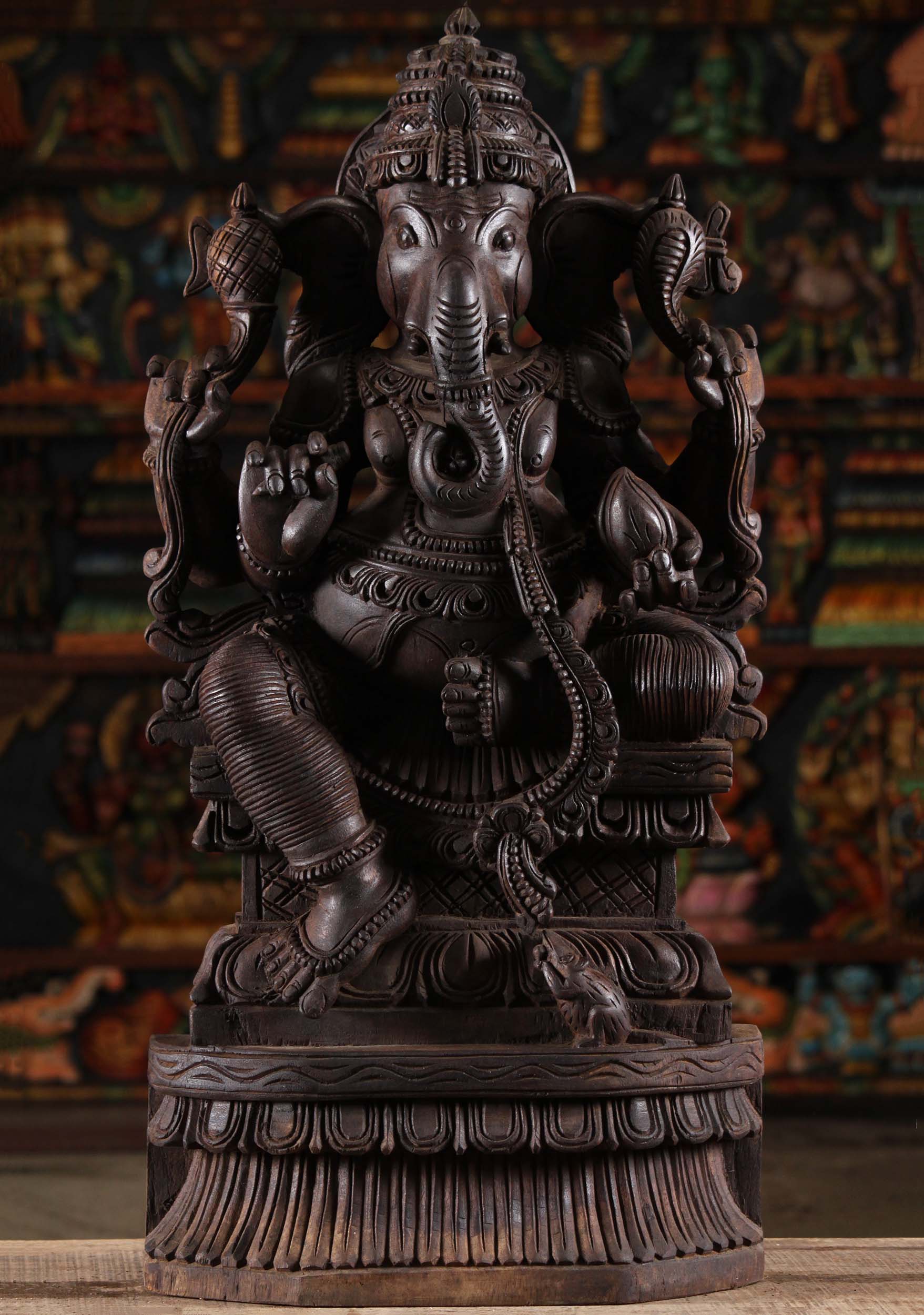 Wood Seated Ganapathi Statue in Abhaya Mudra 30"