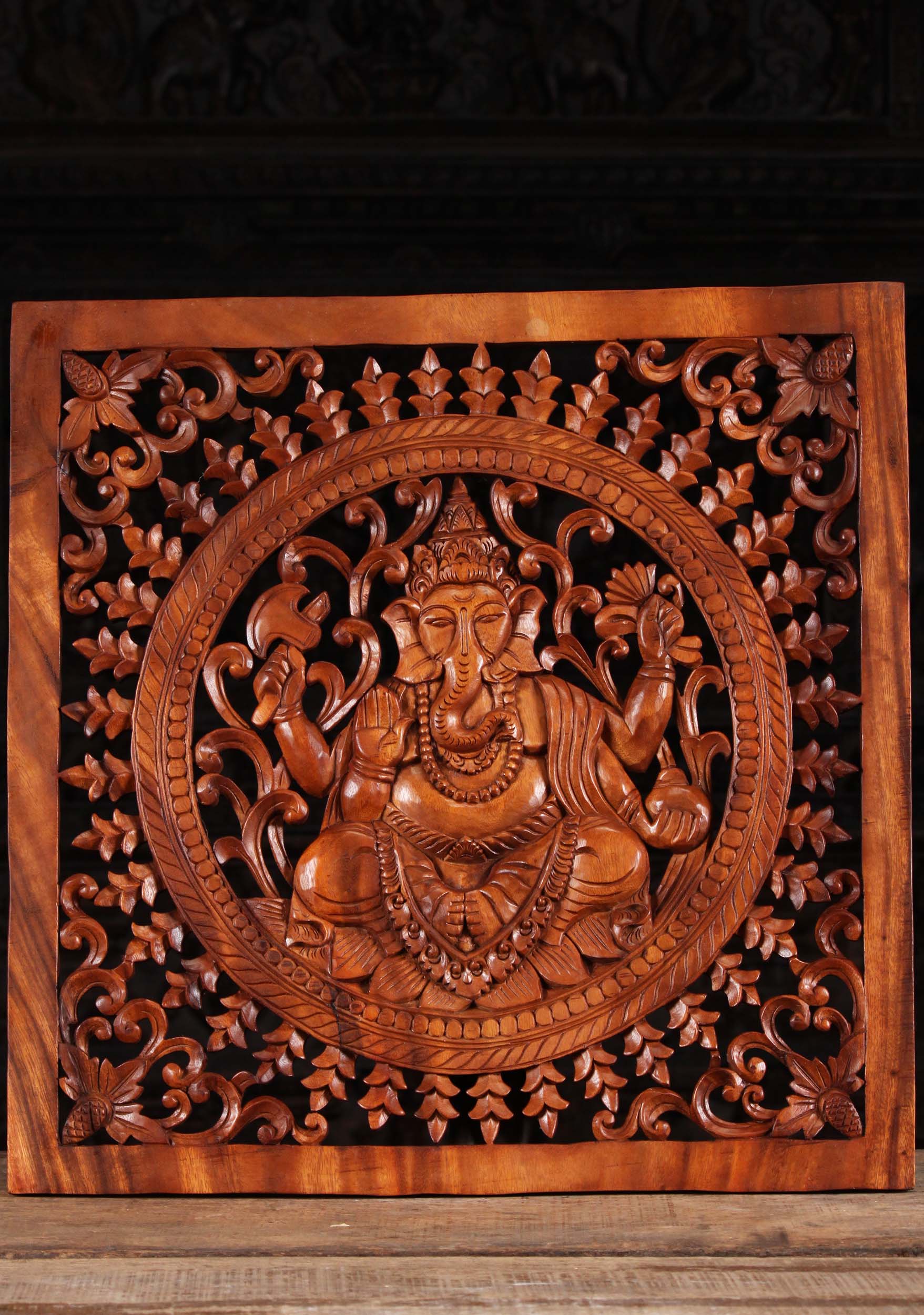 Wood Ganesha Wall Panel with Floral Designs 24"