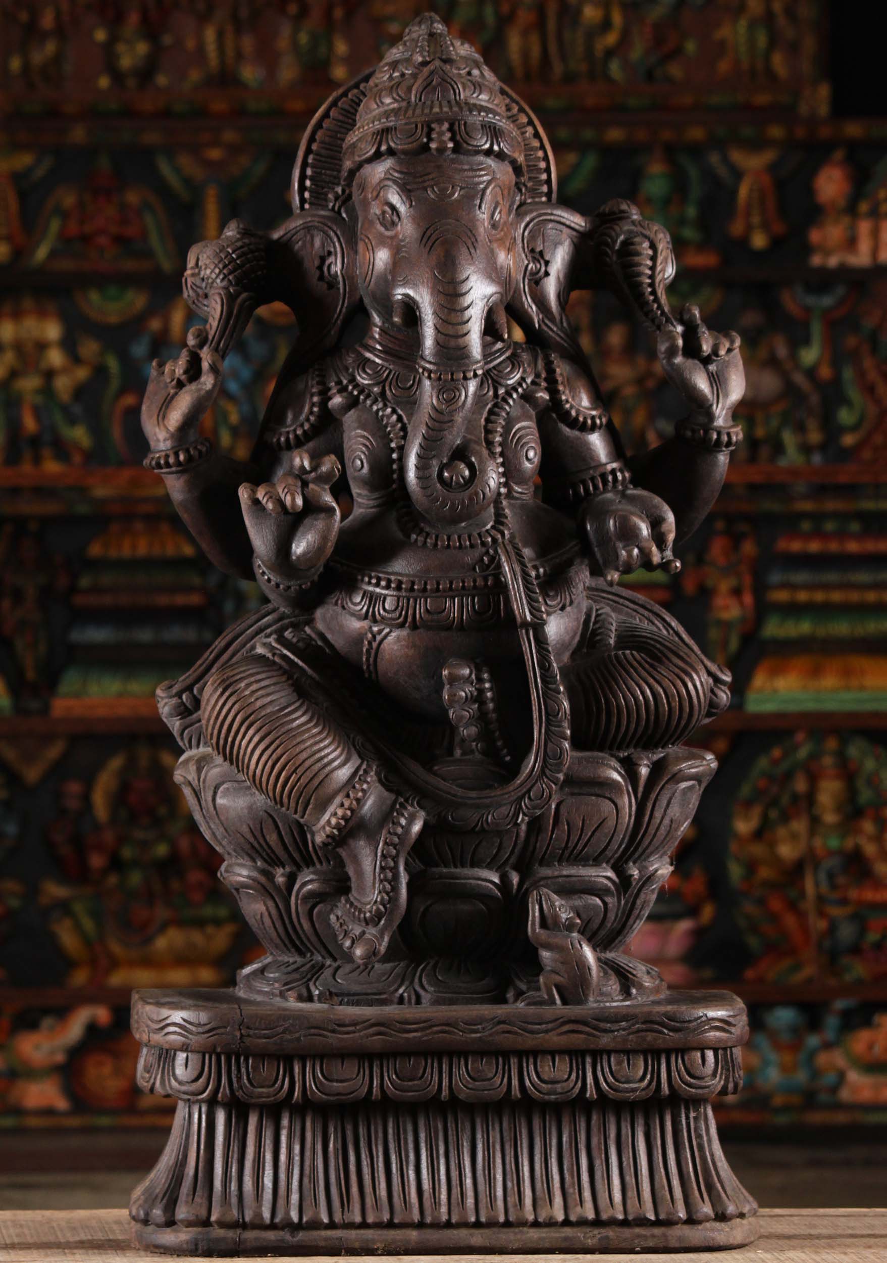 Dark Wood Seated Ganesha Carving 36"