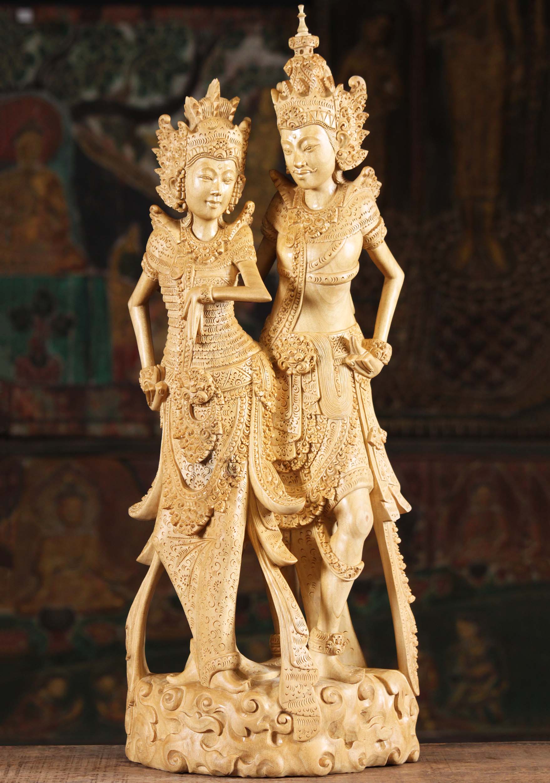 Wood Rama Sita Carving with Beautiful Details 26"