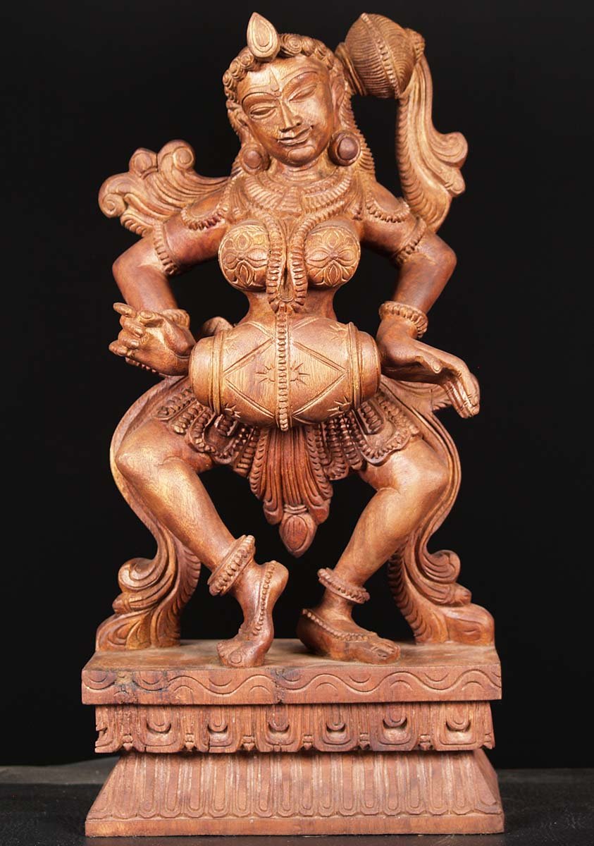 Wooden Dancing Devi Playing a Drum 24"