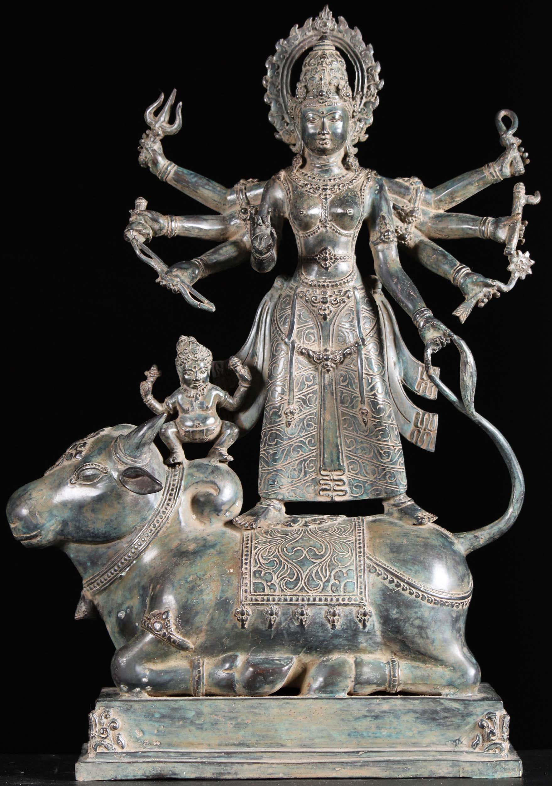 Brass 8 Armed Durga Standing on Atop Buffalo 23"