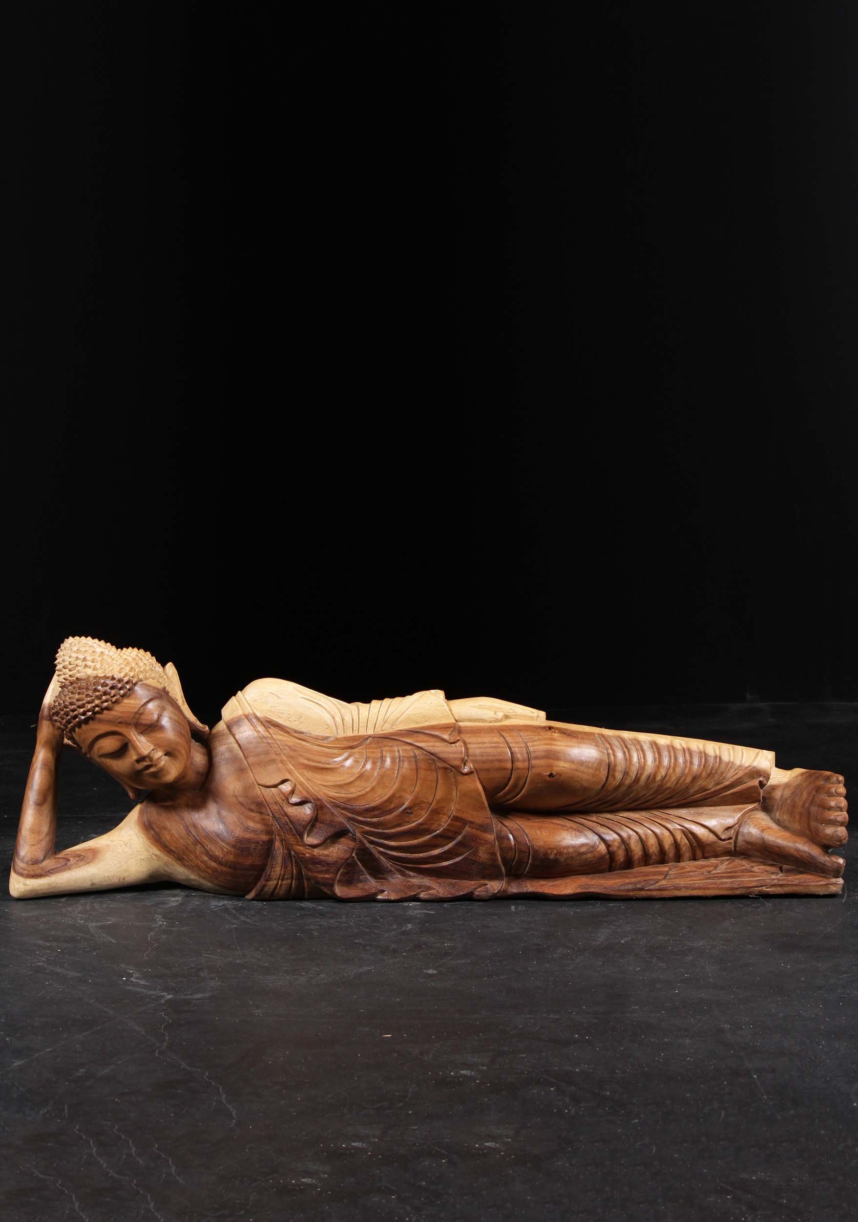 Wood Parinirvana Reclining Buddha Statue 42"