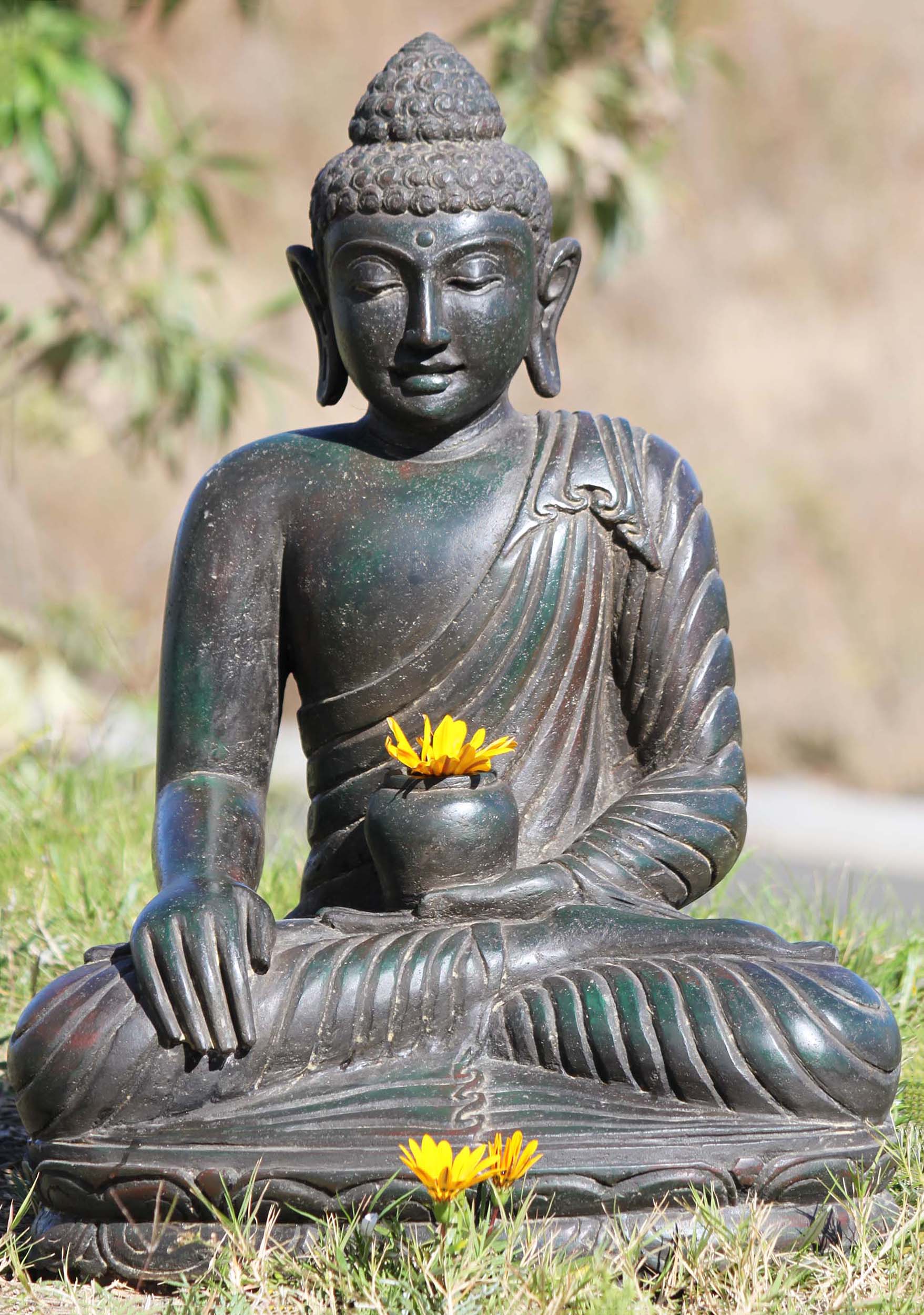 Stone Earth Touching Garden Buddha Statue 24"