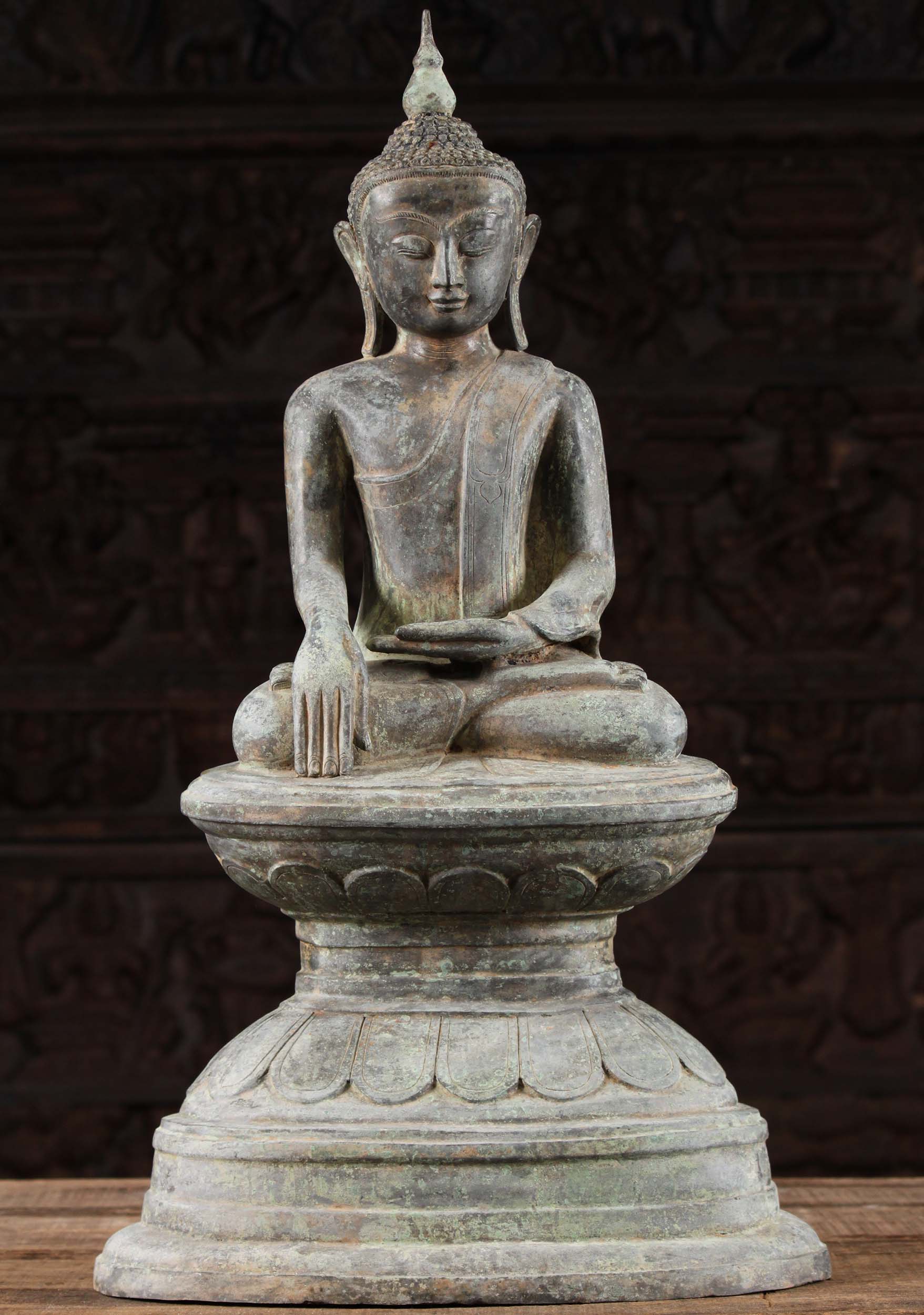 Brass Antique Burmese Padmasana Seated Earth Touching Buddha Sculpture on Base 27"