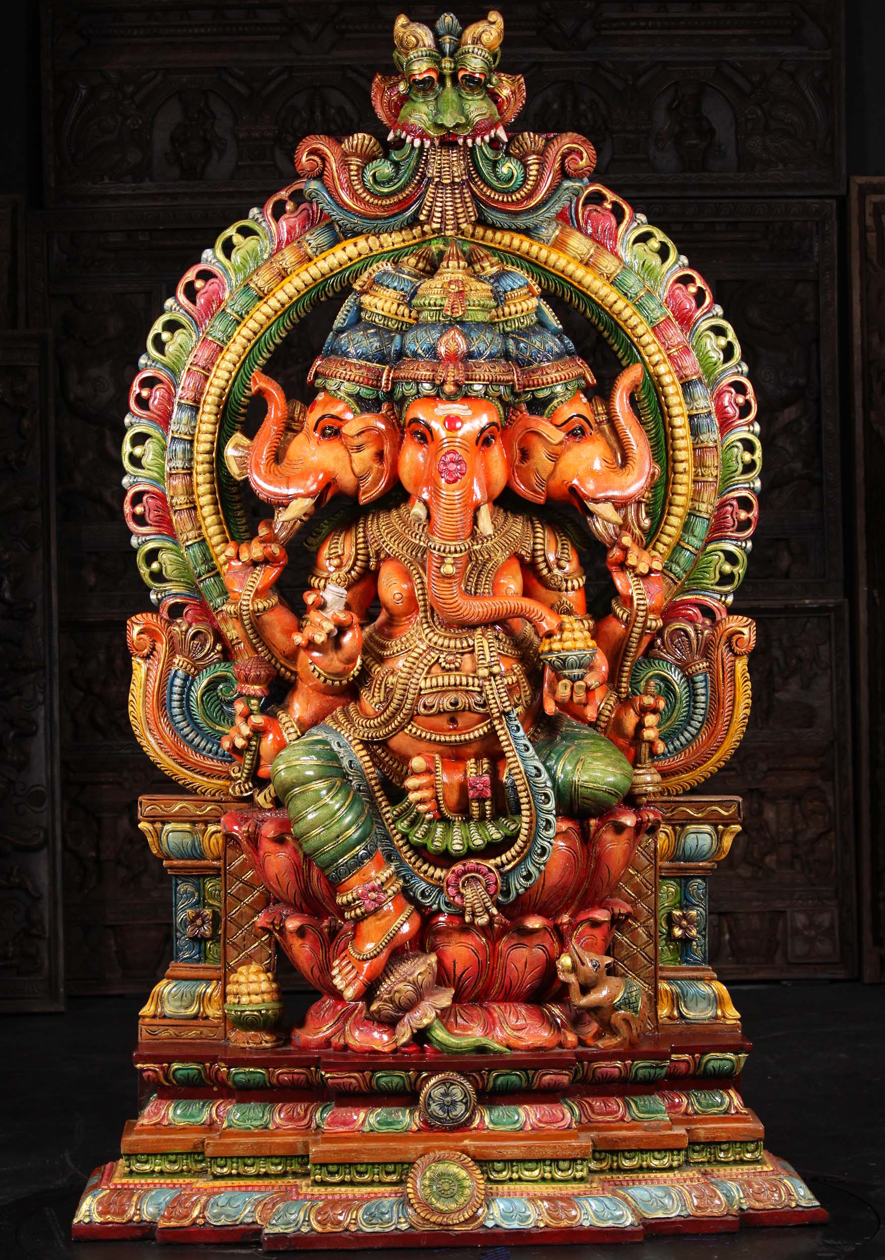 SOLD Large Wooden Tri Muhkthi Ganapathi Statue 71