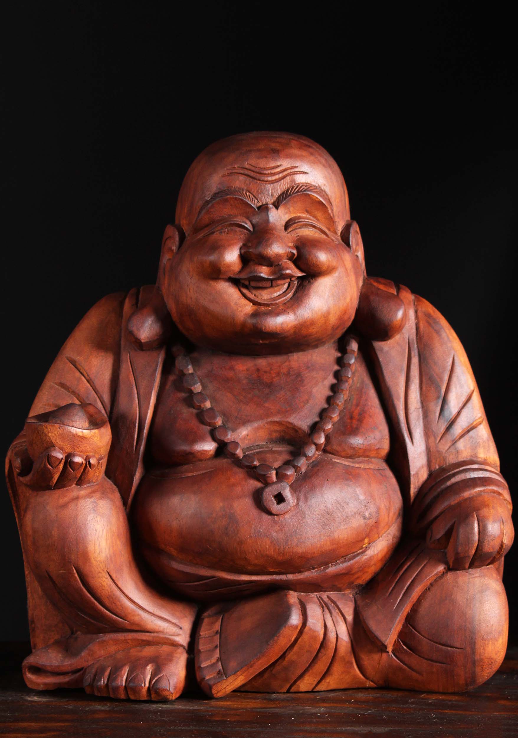 Wooden Seated Fat & Happy Buddha Statue 16"