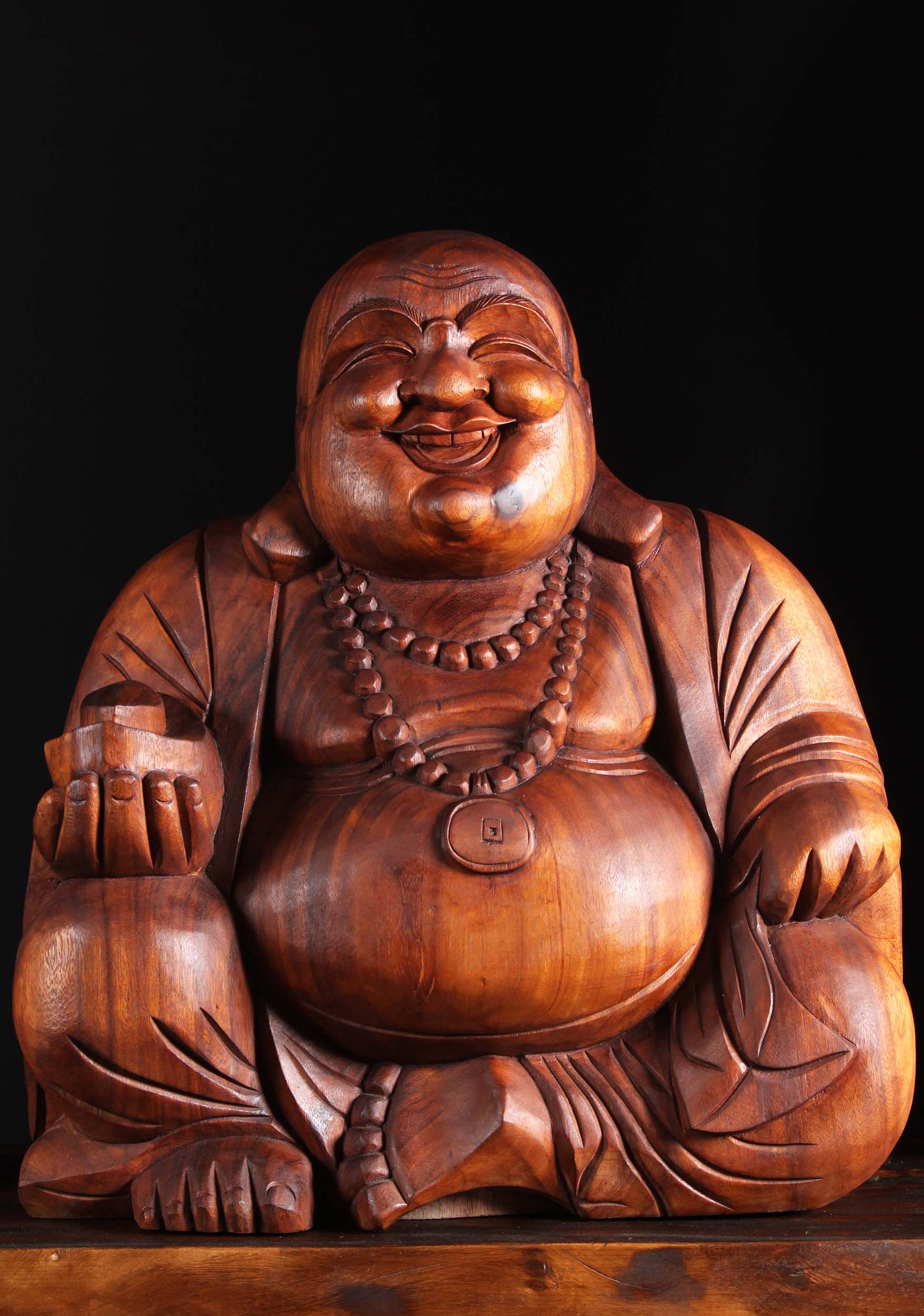 SOLD Wood Fat & Happy Buddha of Wealth Statue 23