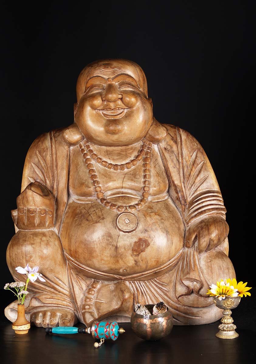 Wooden Fat & Happy Seated Buddha 28"