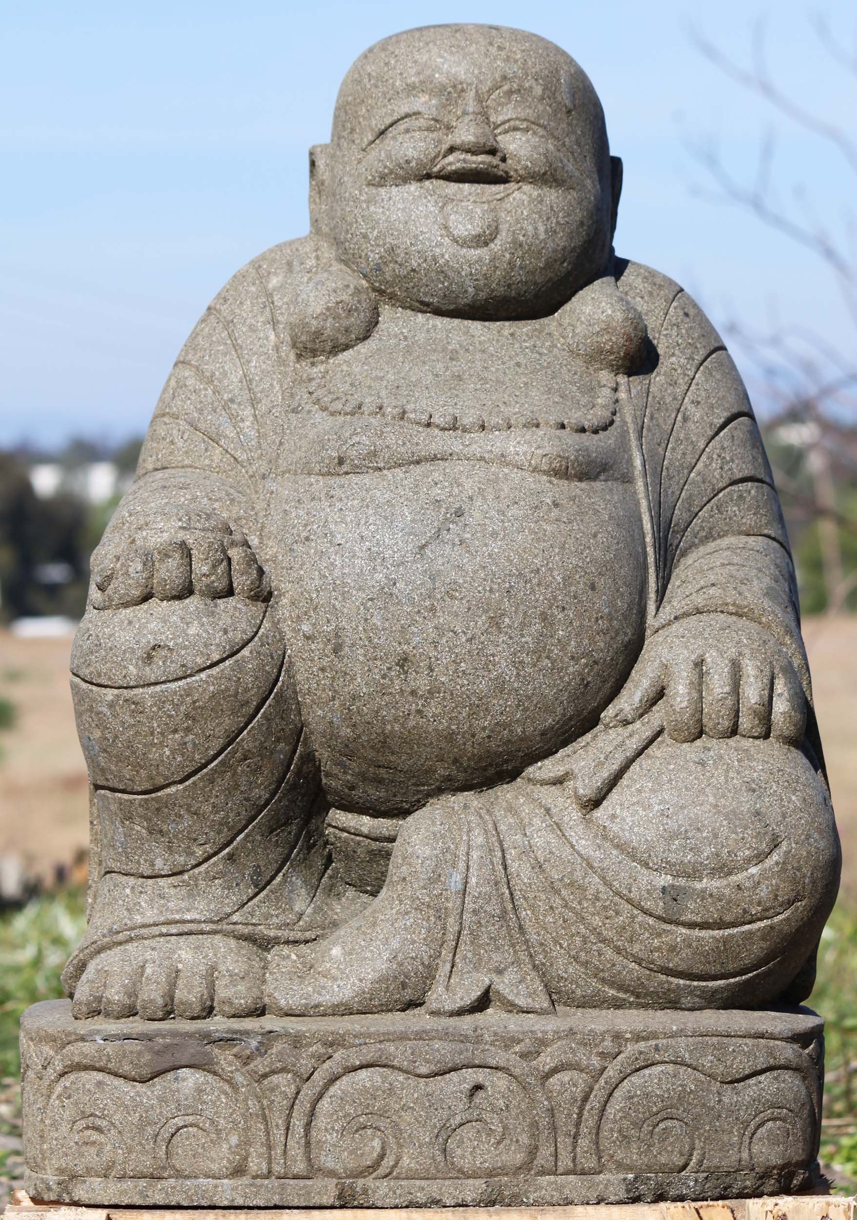 SOLD Stone Fat Happy Buddha Of Wealth Statue 30 105ls443 Lotus   1 Fat And Happy Stone Buddha Statue Garden 