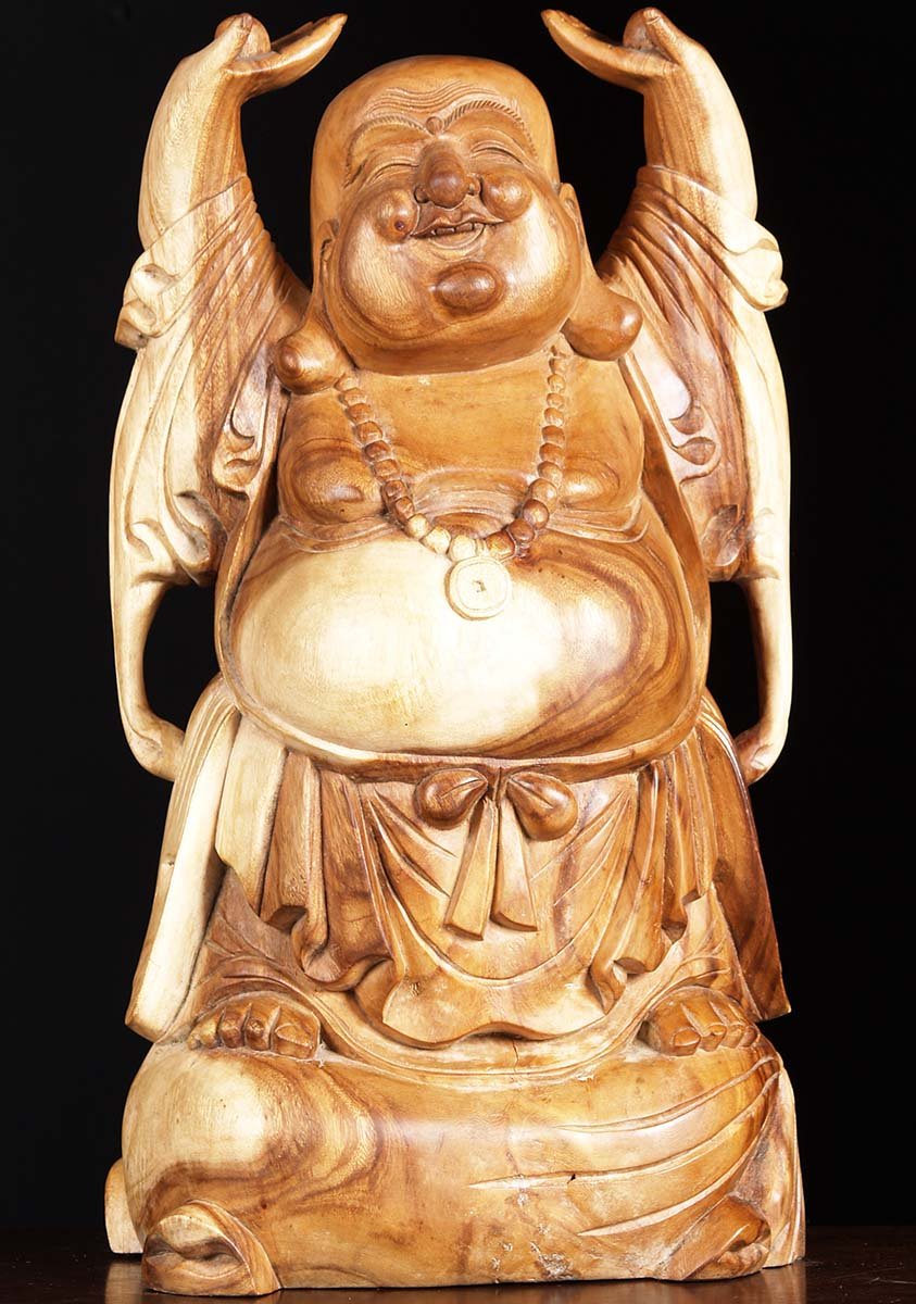 Fat And Happy Wood Buddha Of Wealth 24"