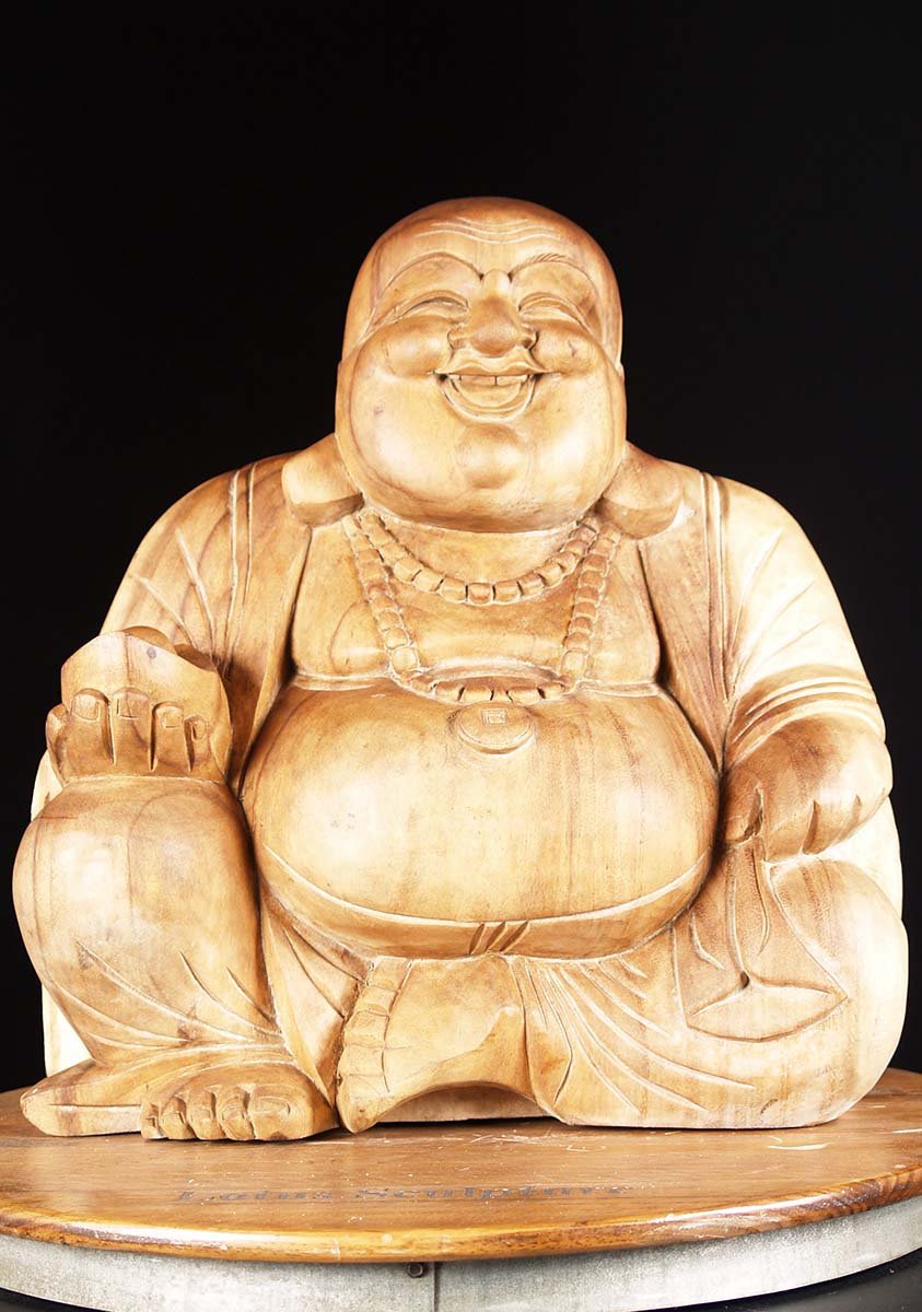 Sold Wooden Seated Fat And Happy Buddha Statue 20 4bw3z
