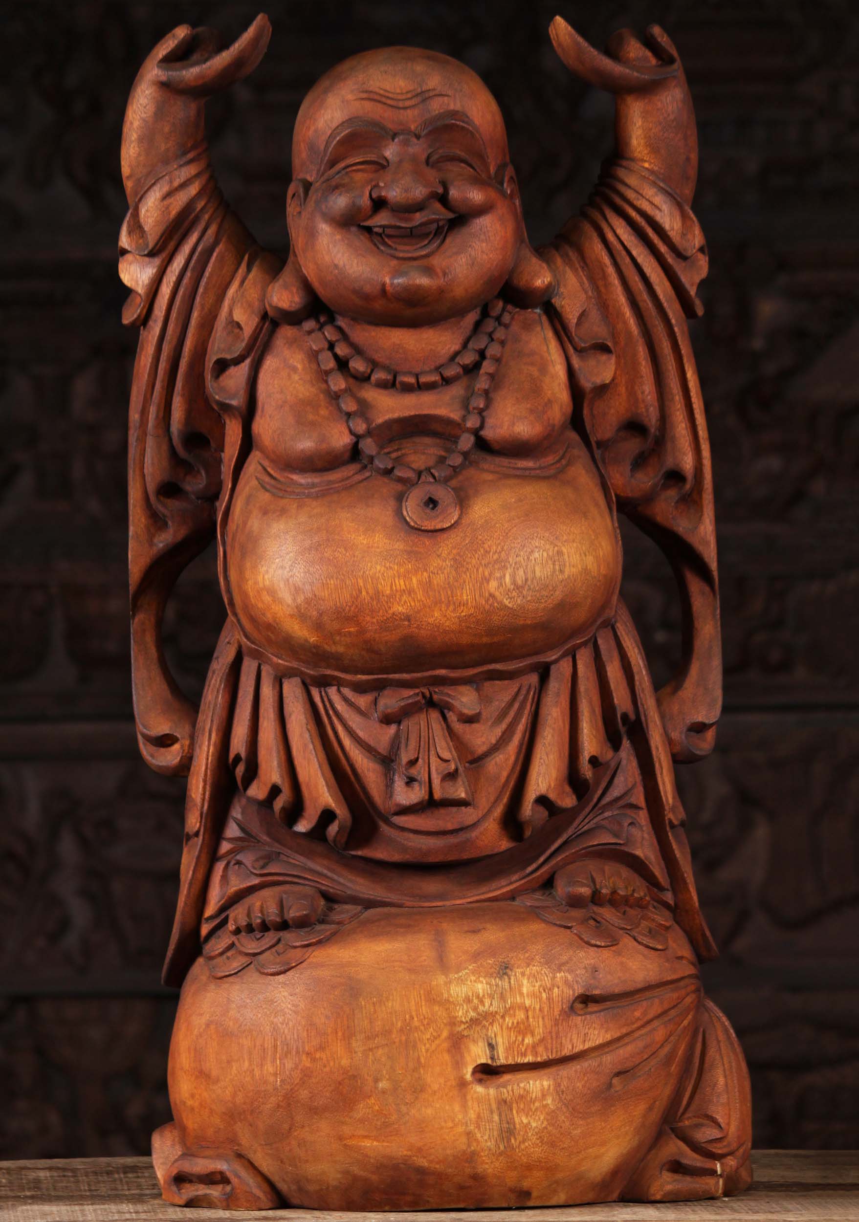 Wooden Hotei Fat Buddha Sculpture 32"