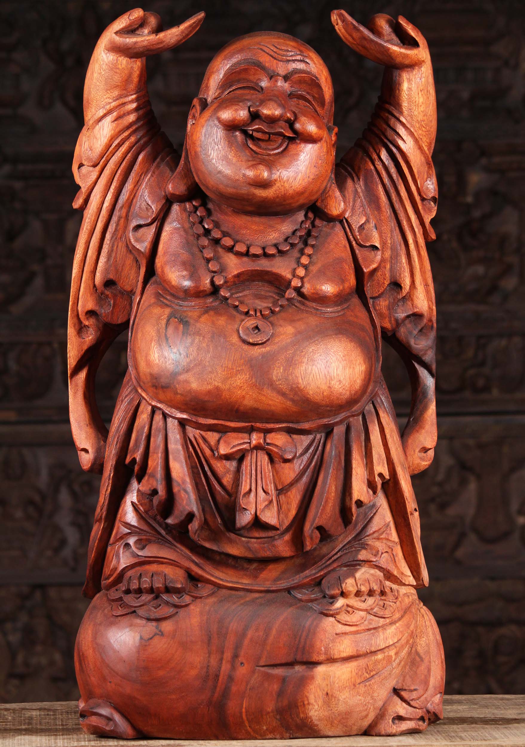 SOLD Wood Fat Happy Standing Buddha Statue 32 116bw52a Lotus   1 Fat And Happy Wood Standing Buddha Statue 