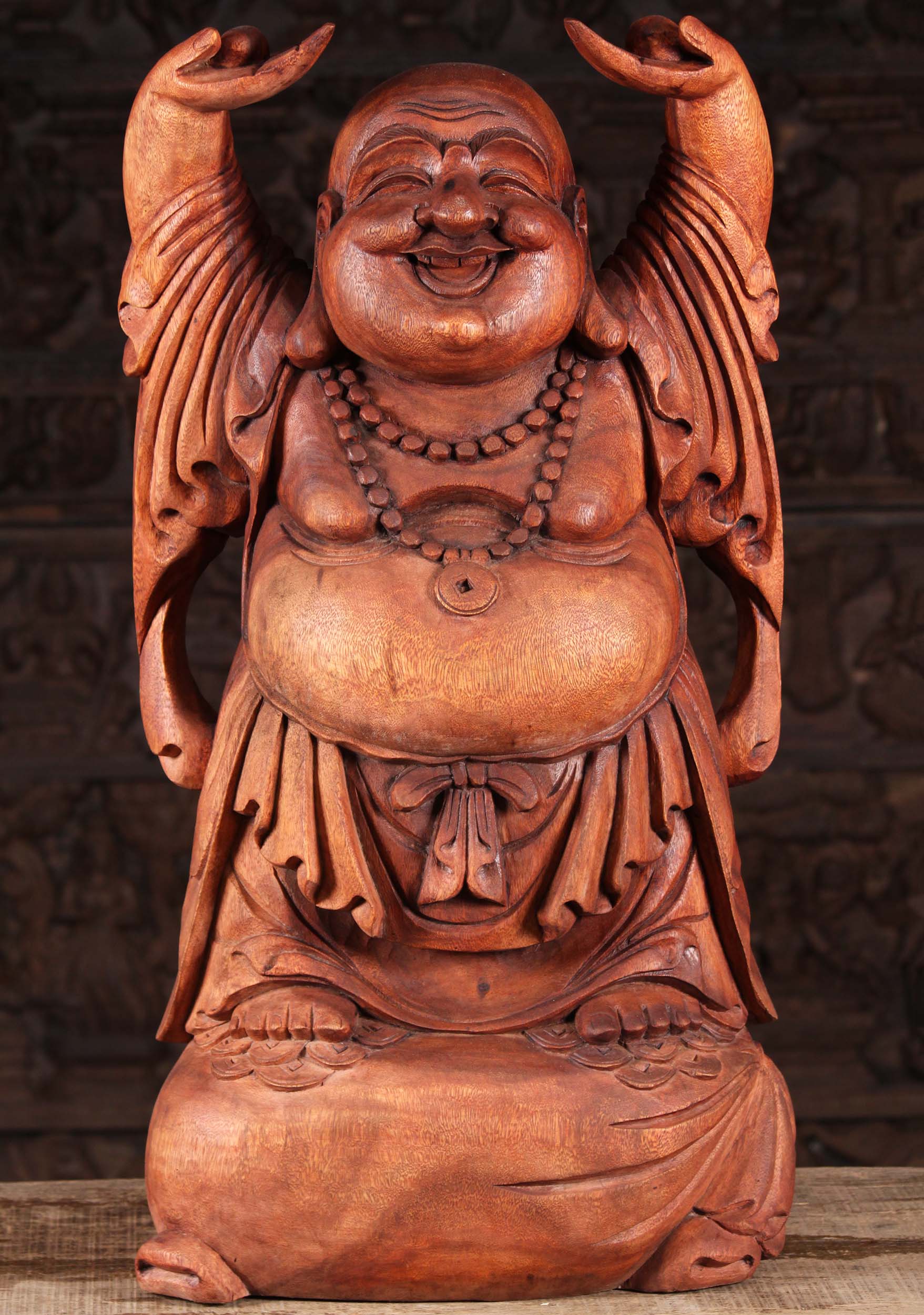 Wood Fat & Happy Wood Standing Buddha 32"