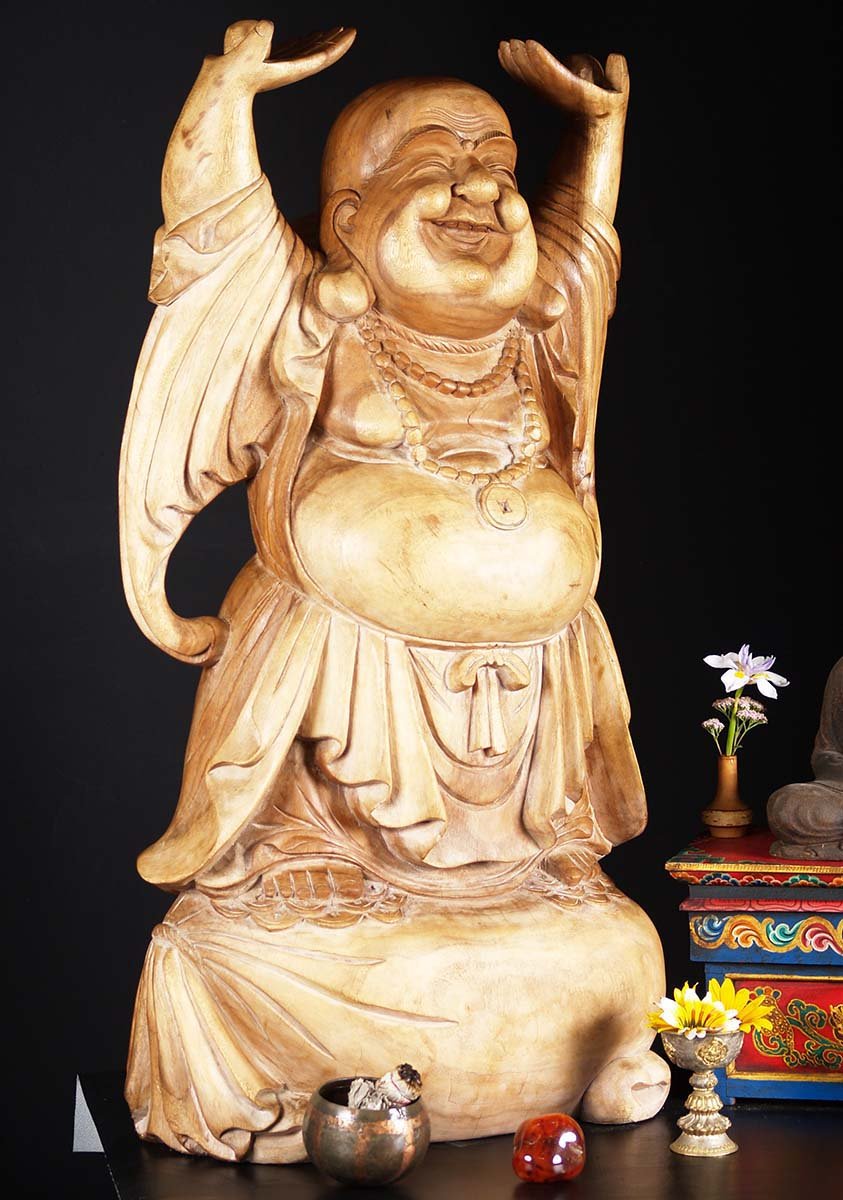 Wooden Fat Happy Standing Buddha Statue 40"