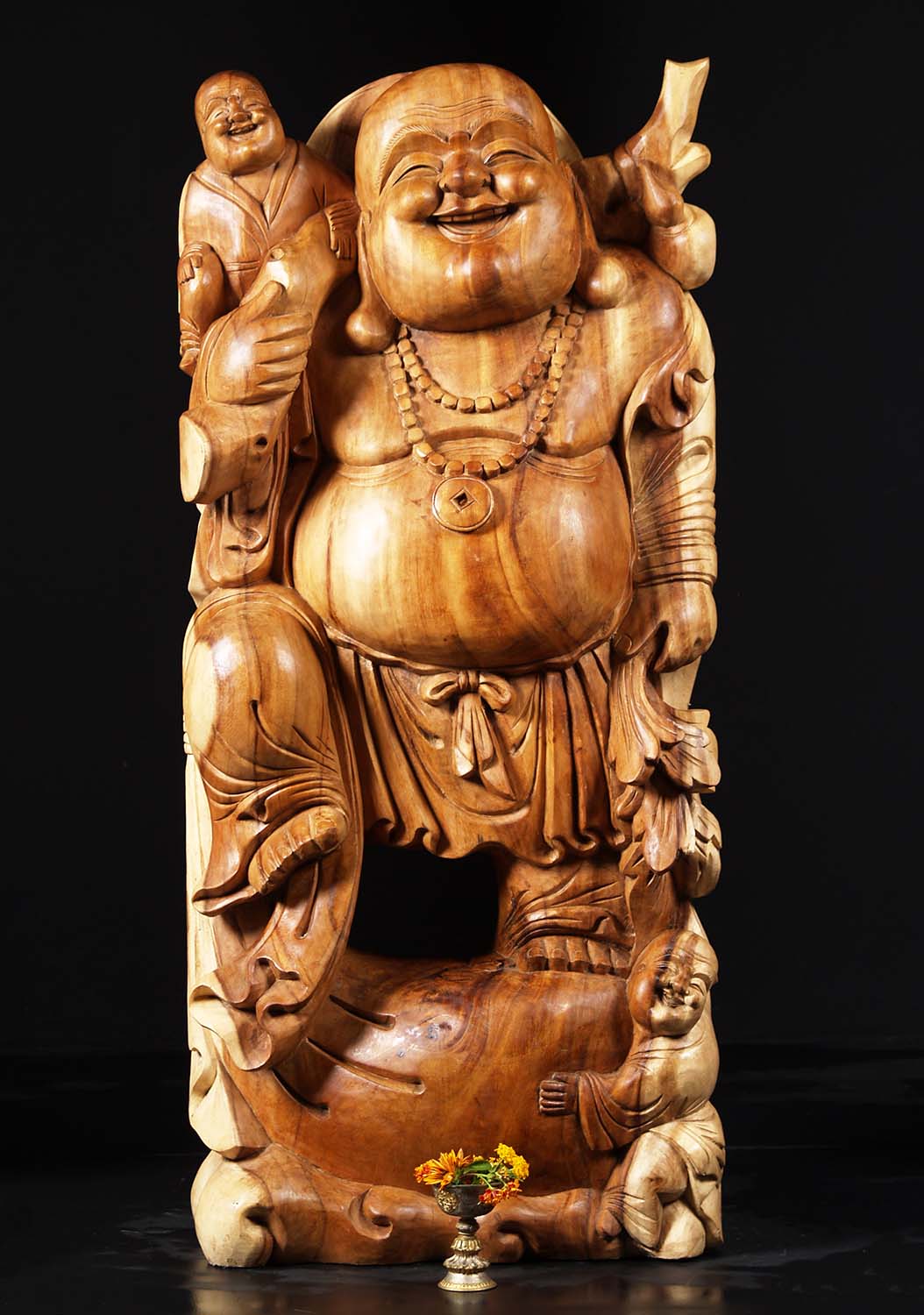 Wood Fat & Happy Buddha With Children 50"