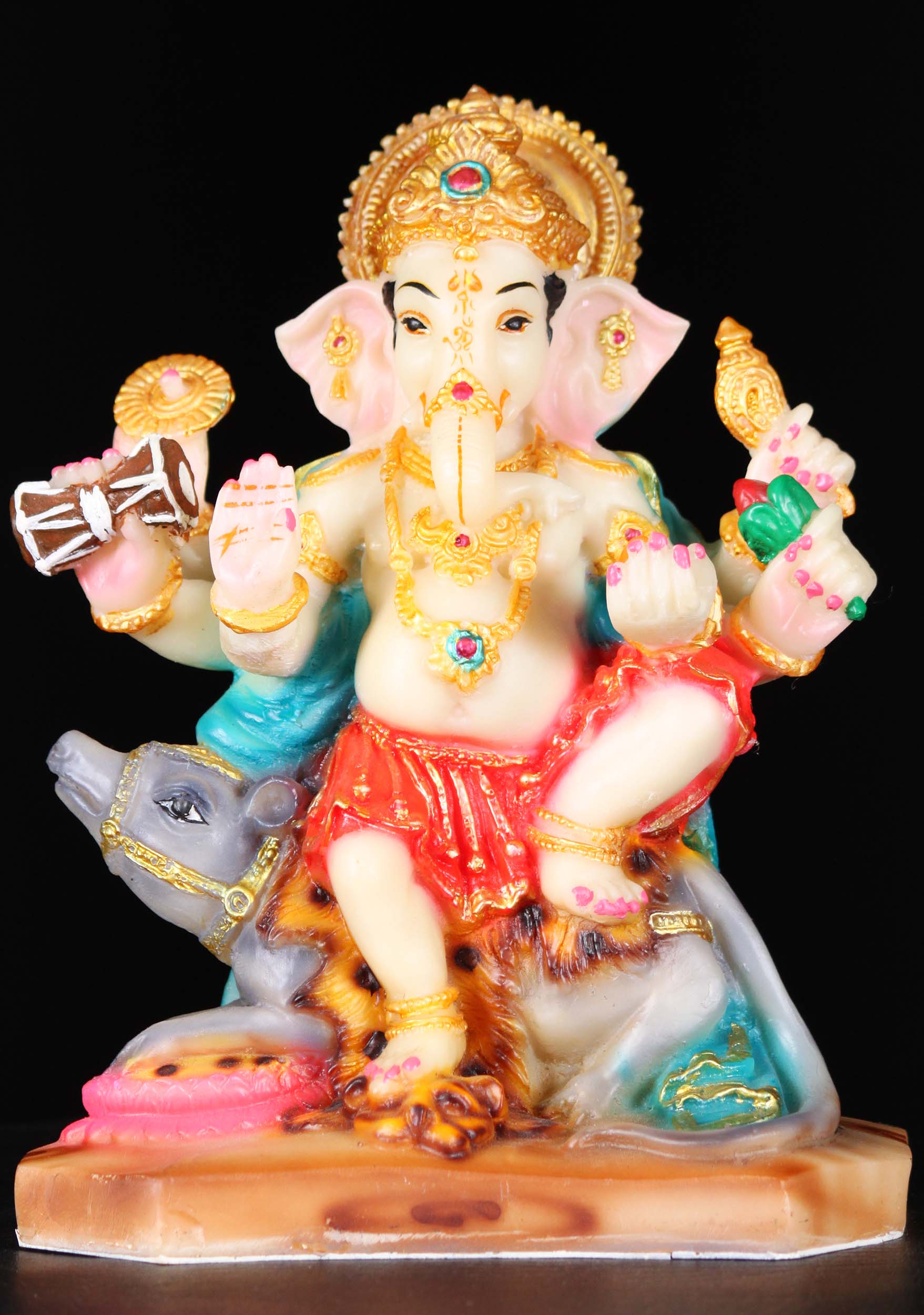 Fiber Ganesh Seated on Rat Holding a Drum 8"