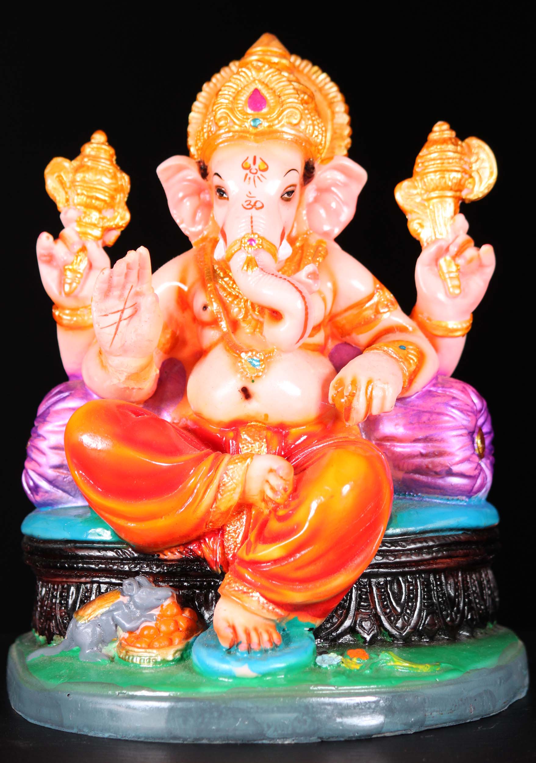 Fiber Ganesh Lounging on Pillow Statue 8"