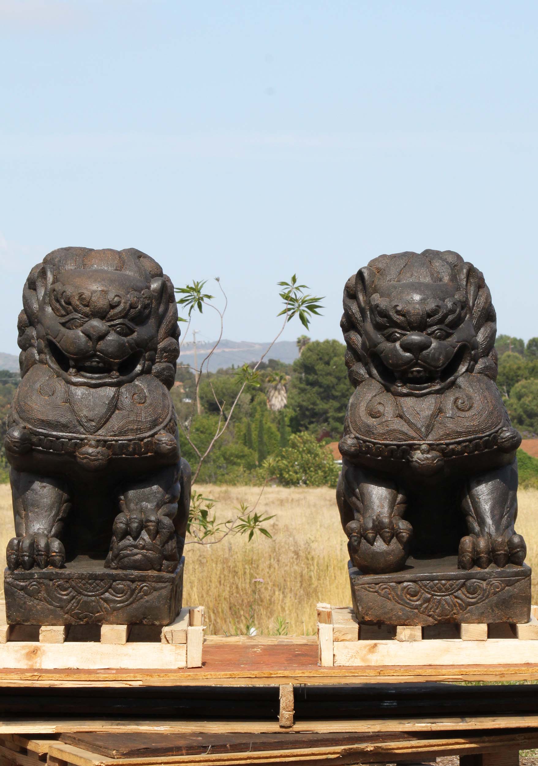 SOLD Stone Pair of Foo Dog Statues 31" (#96ls343): Hindu Gods & Buddha