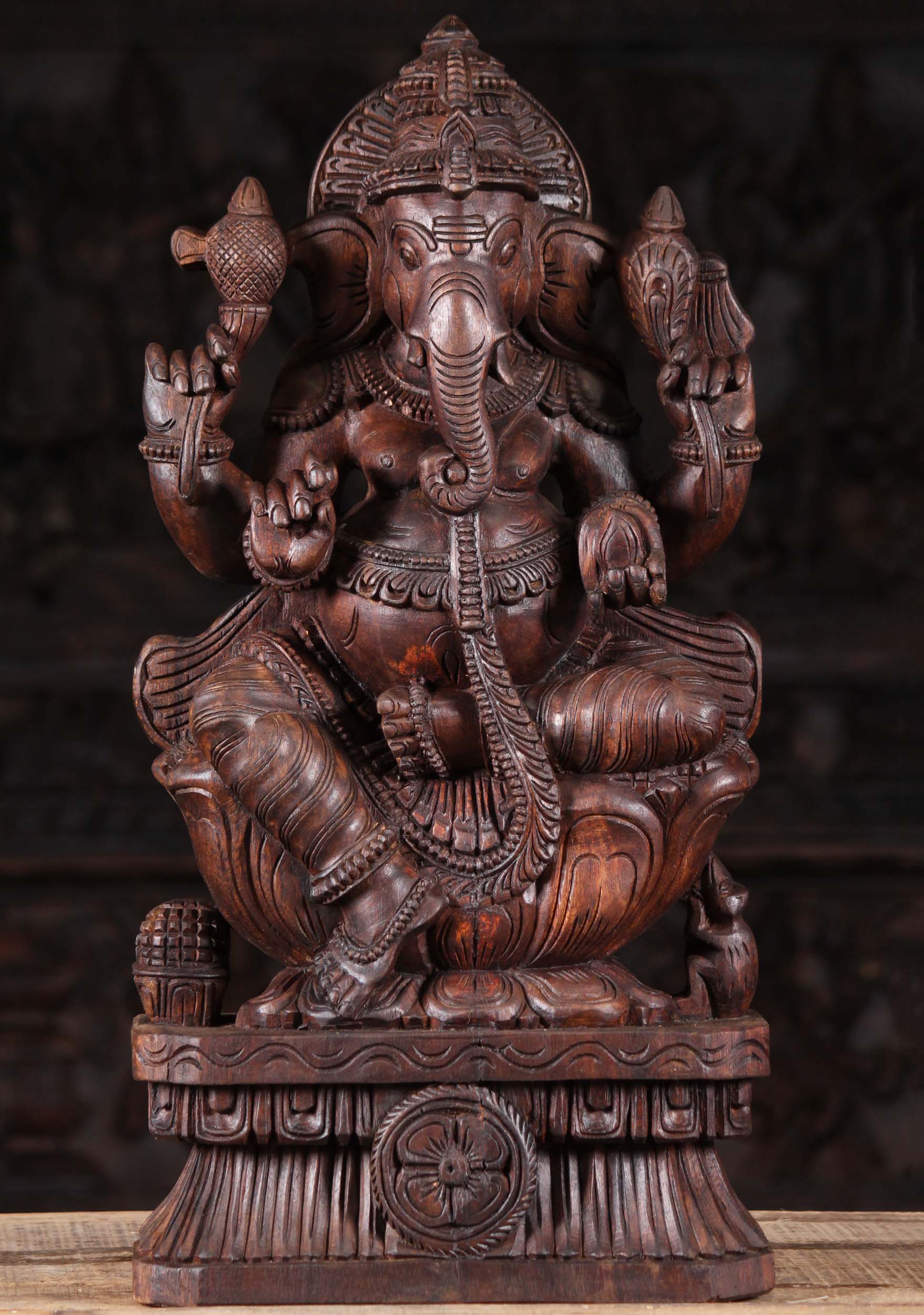 Dark Wooden Seated Ganapathi Carving 24"