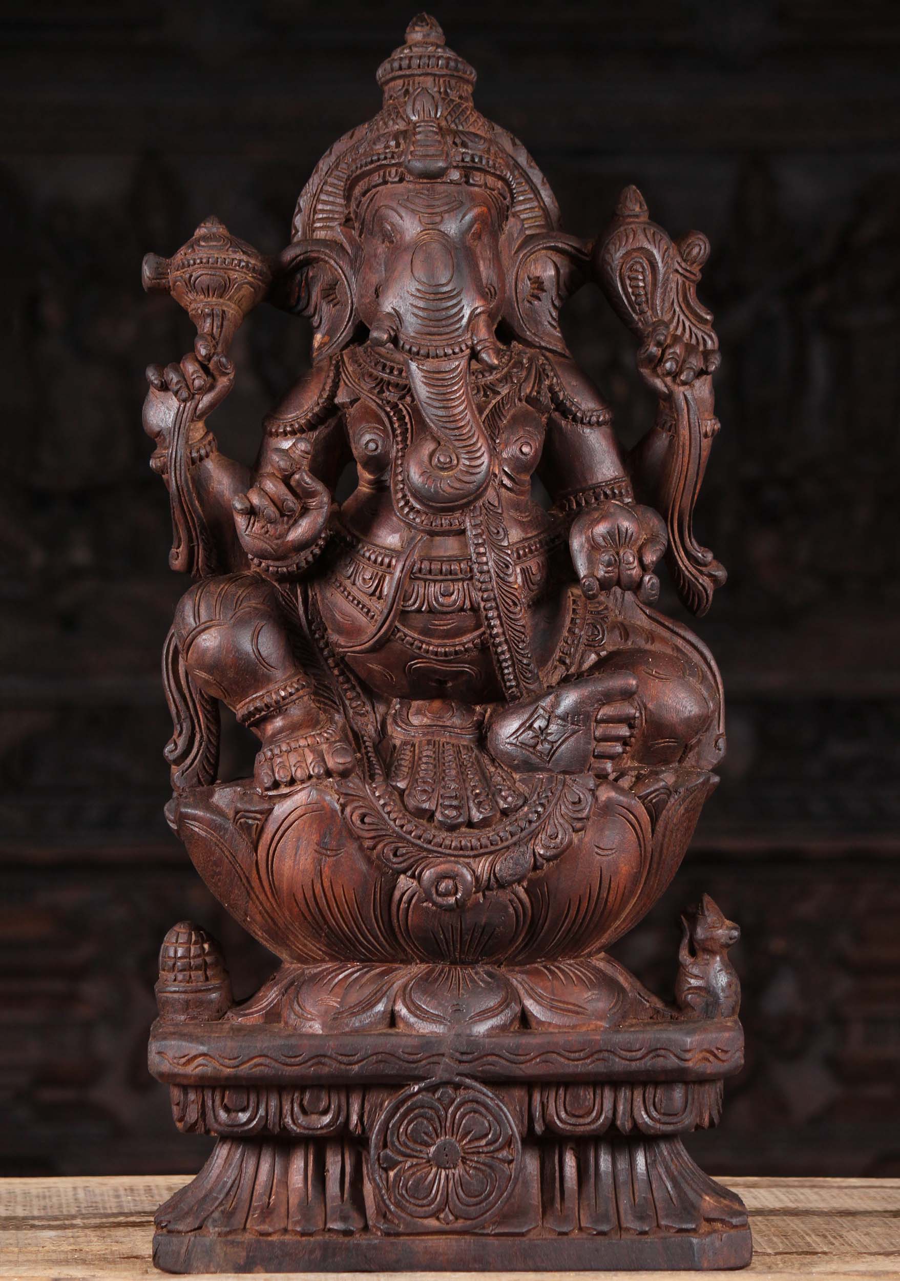 Wooden Relaxing Ganapathi Sculpture 24"