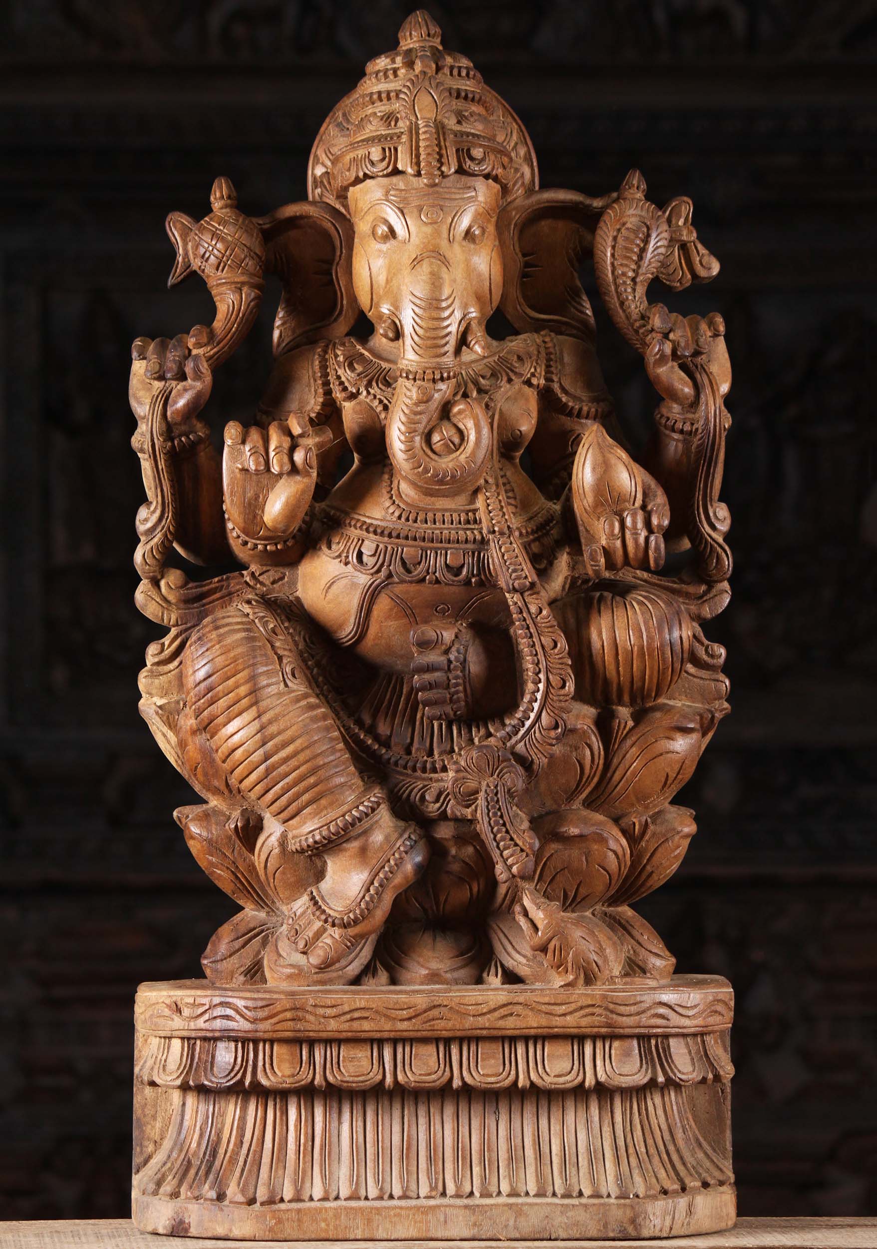 Wooden Seated Ganapathi Sculpture 30"