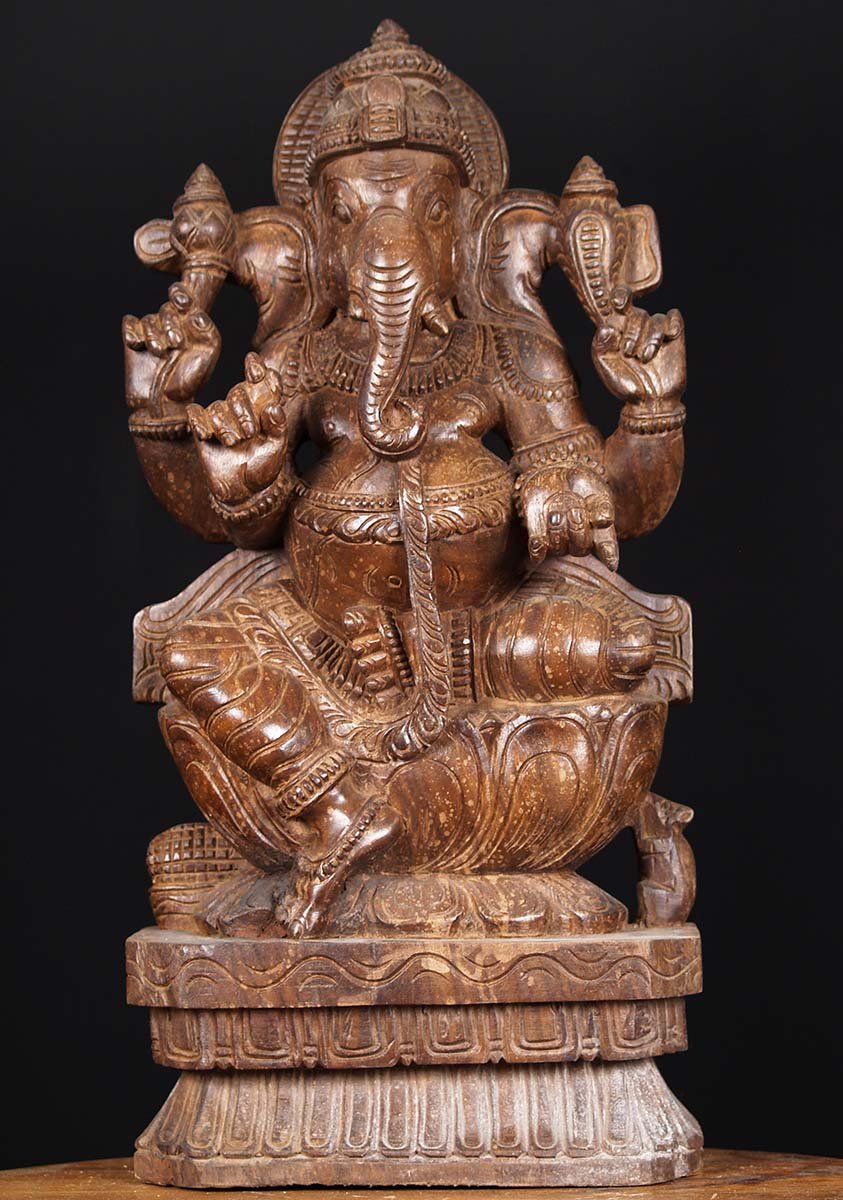 Wood Seated Ganapathi Statue 24"