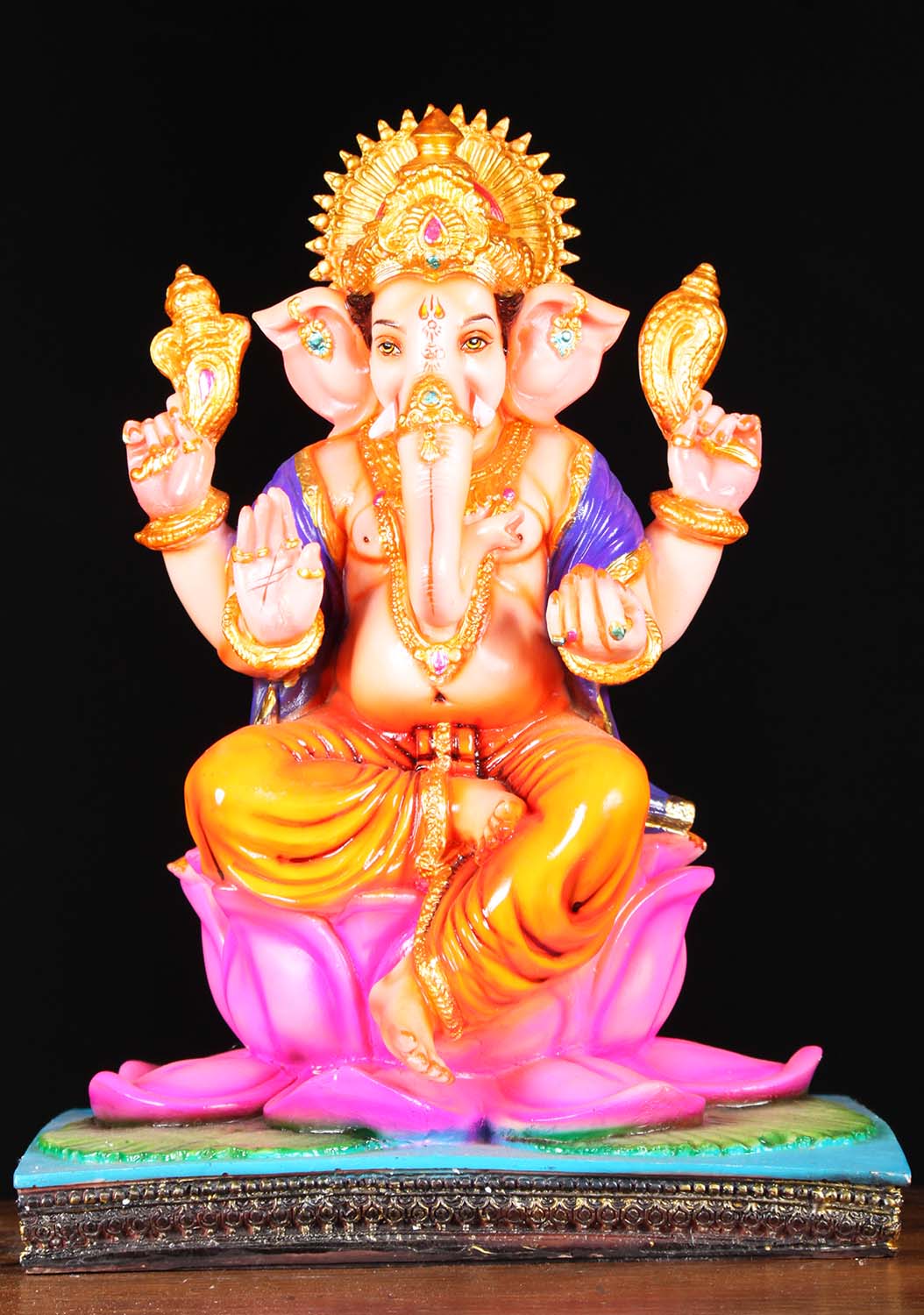 Fiber Ganesh Seated on Lotus Flower Base 17"