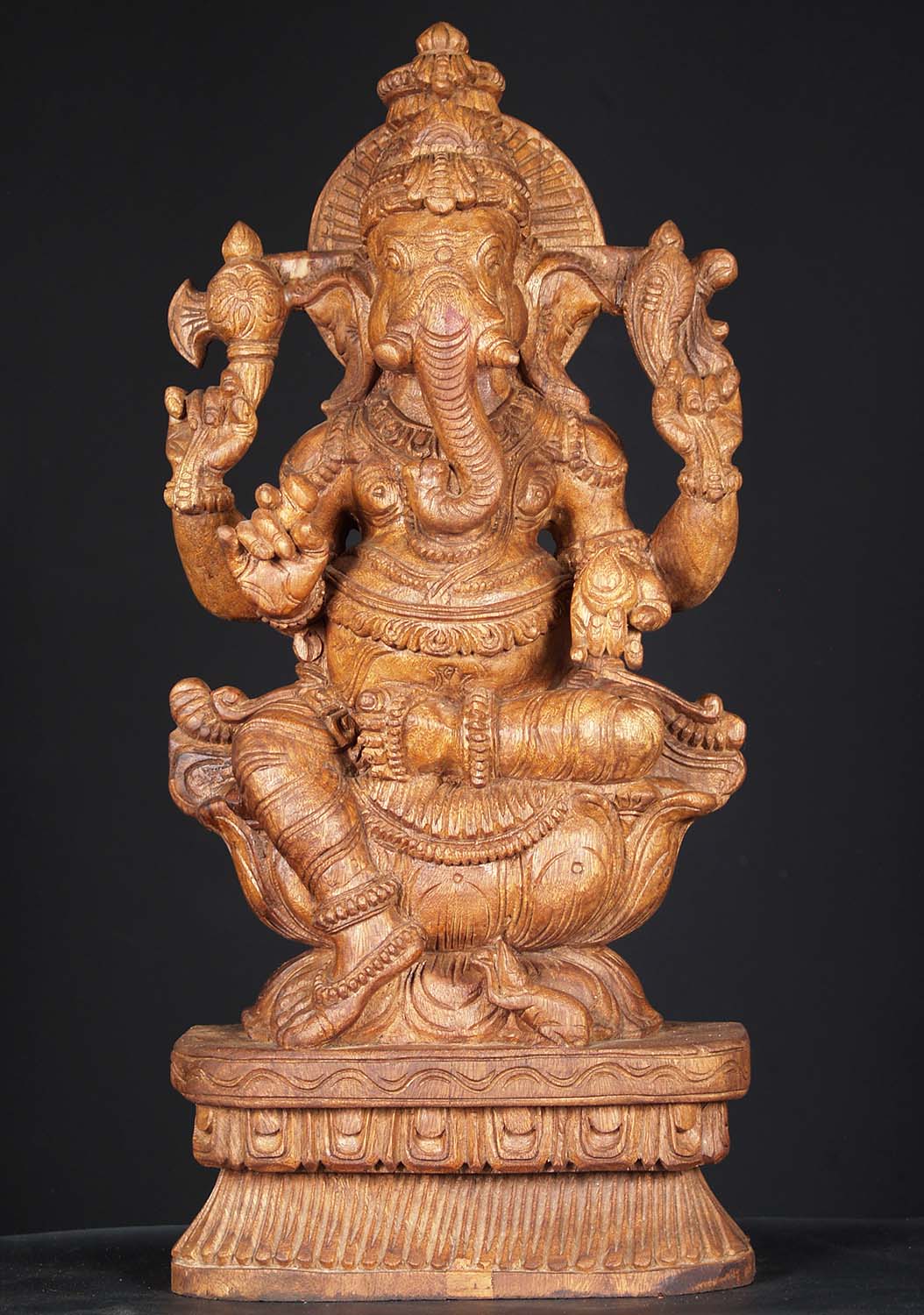 Natural Wood Seated Ganapathi Statue 24"