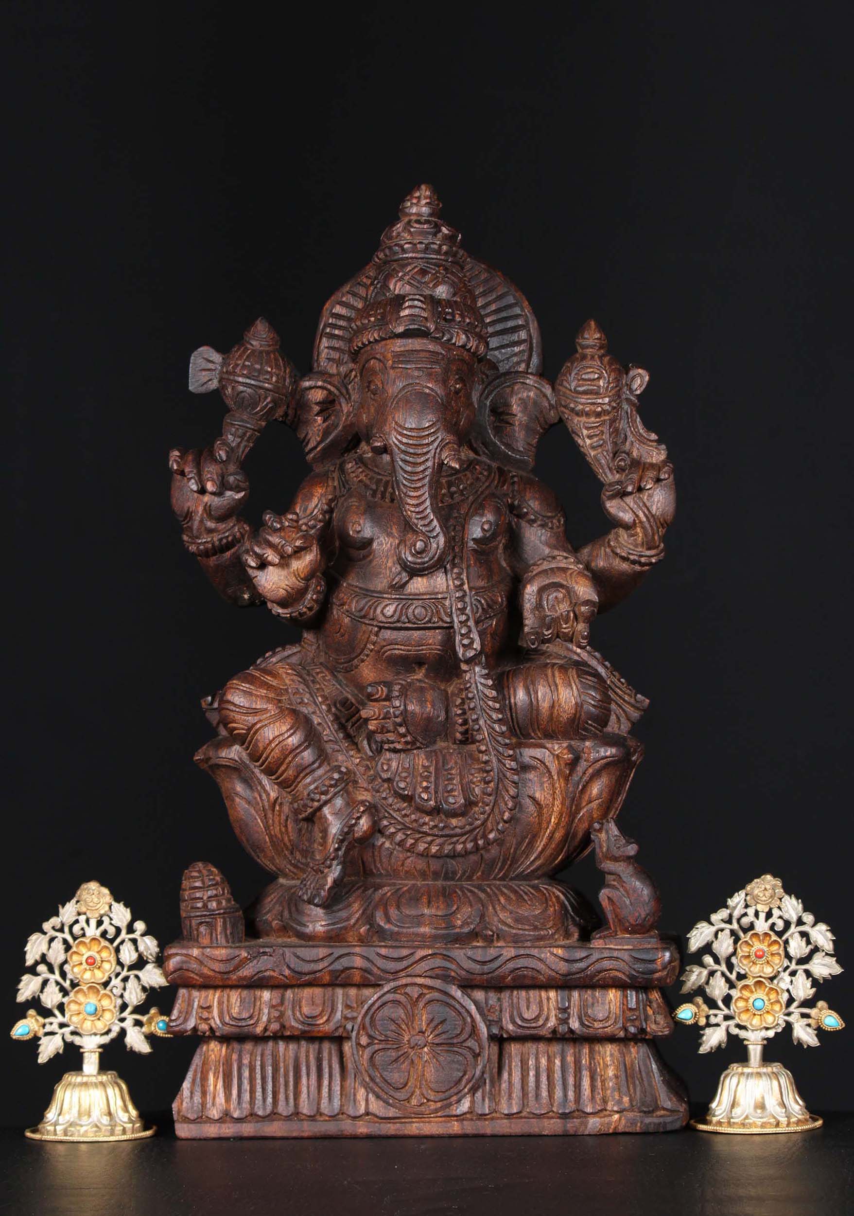 Wooden Seated Ganapathi Statue 18"