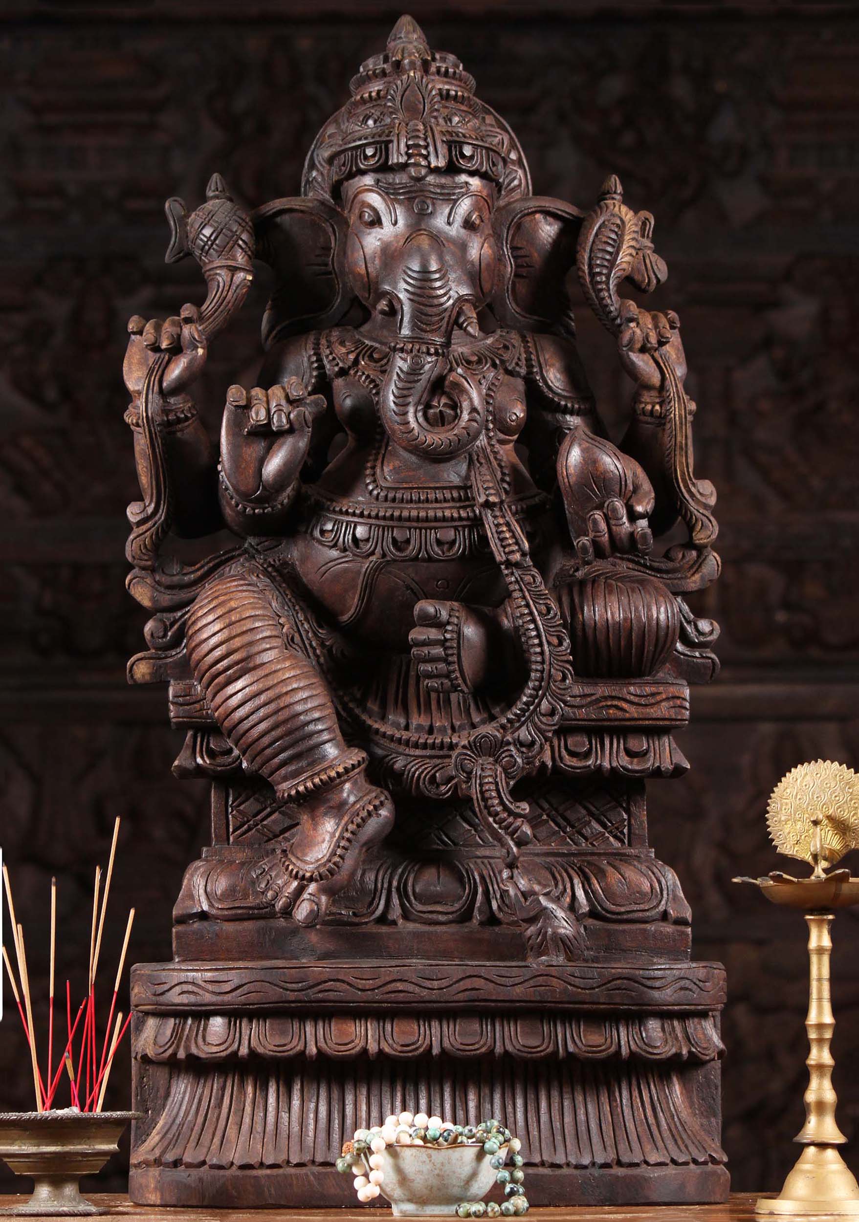 Wooden Ganapathi Statue Holding Mango 30"