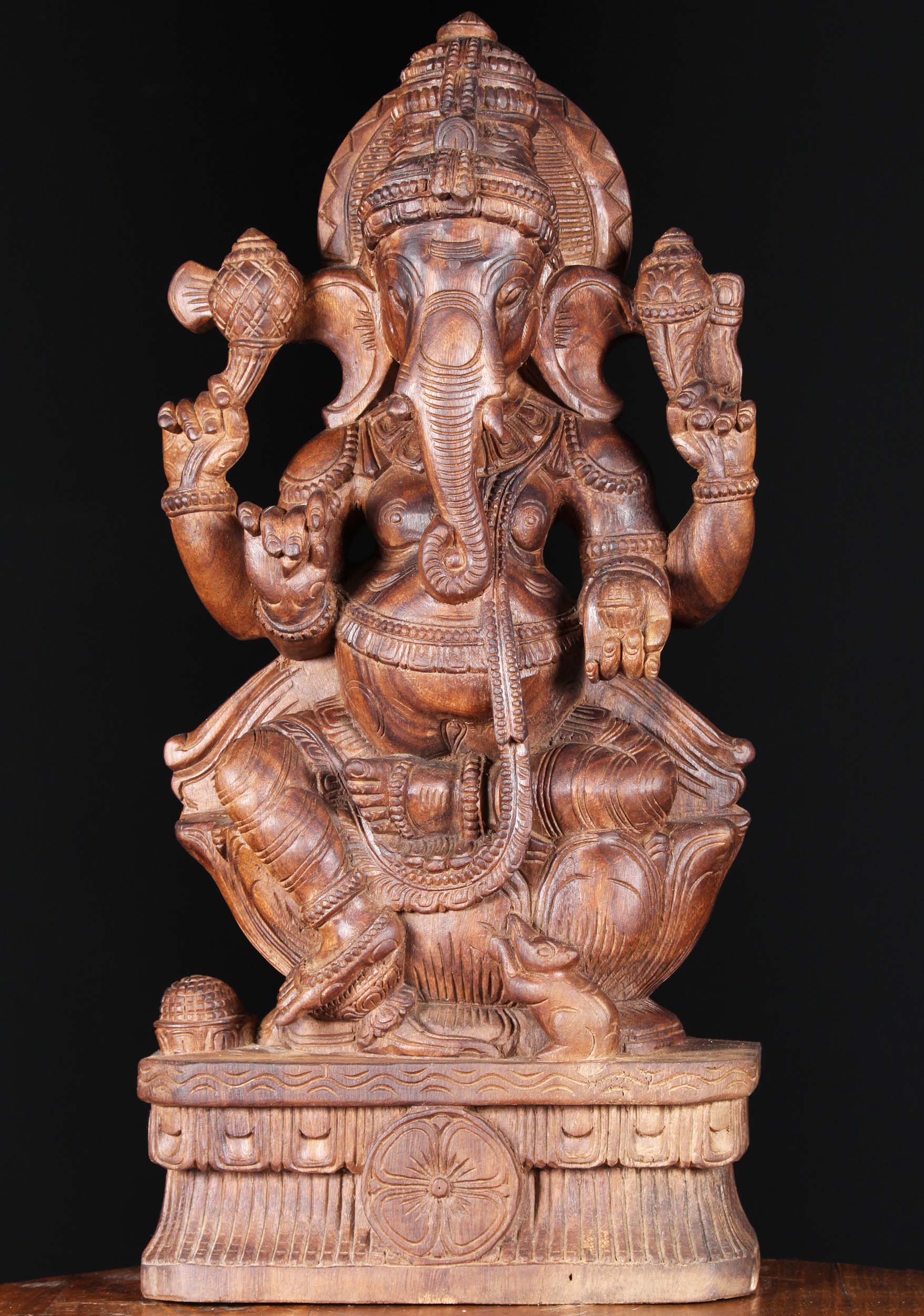 SOLD Wood Ganapathi Carving Holding Laddus 24