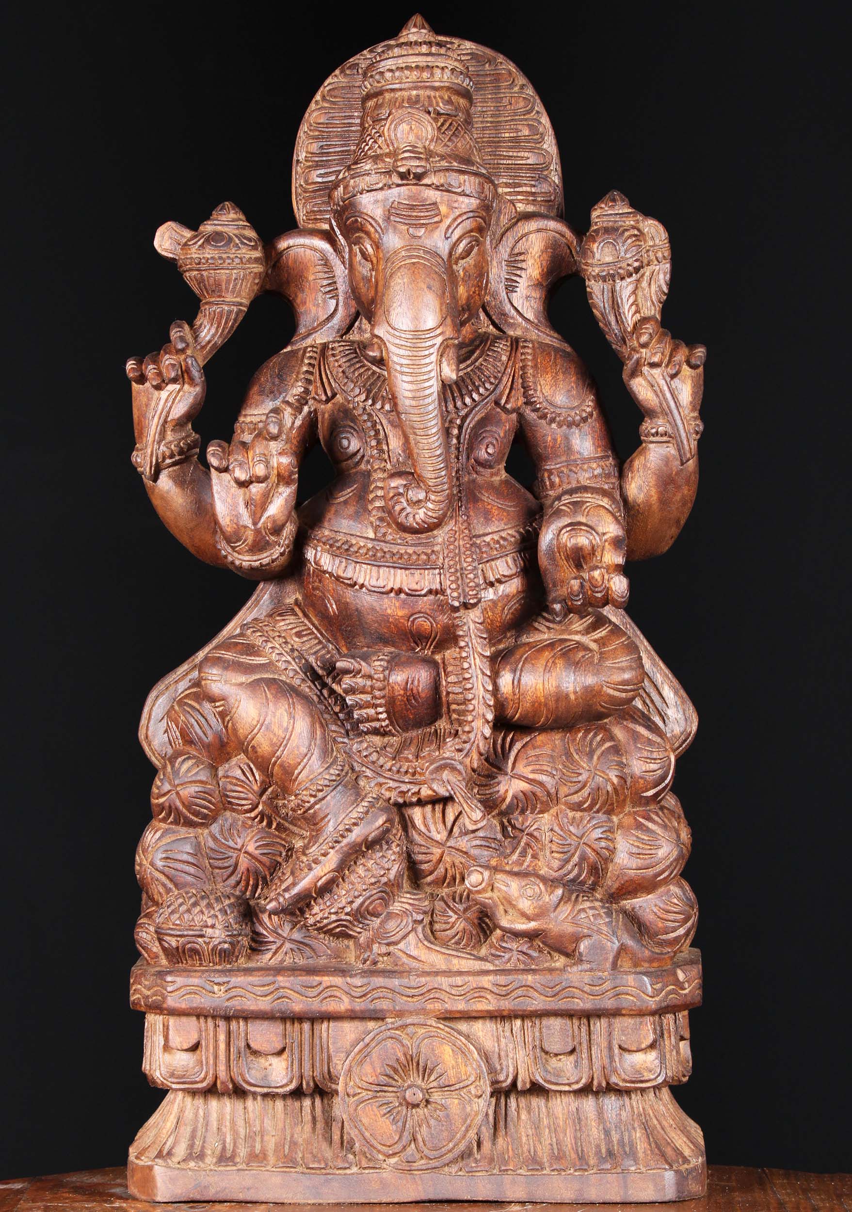 Wood Ganapathi Sculpture Seated on Mountain 24"