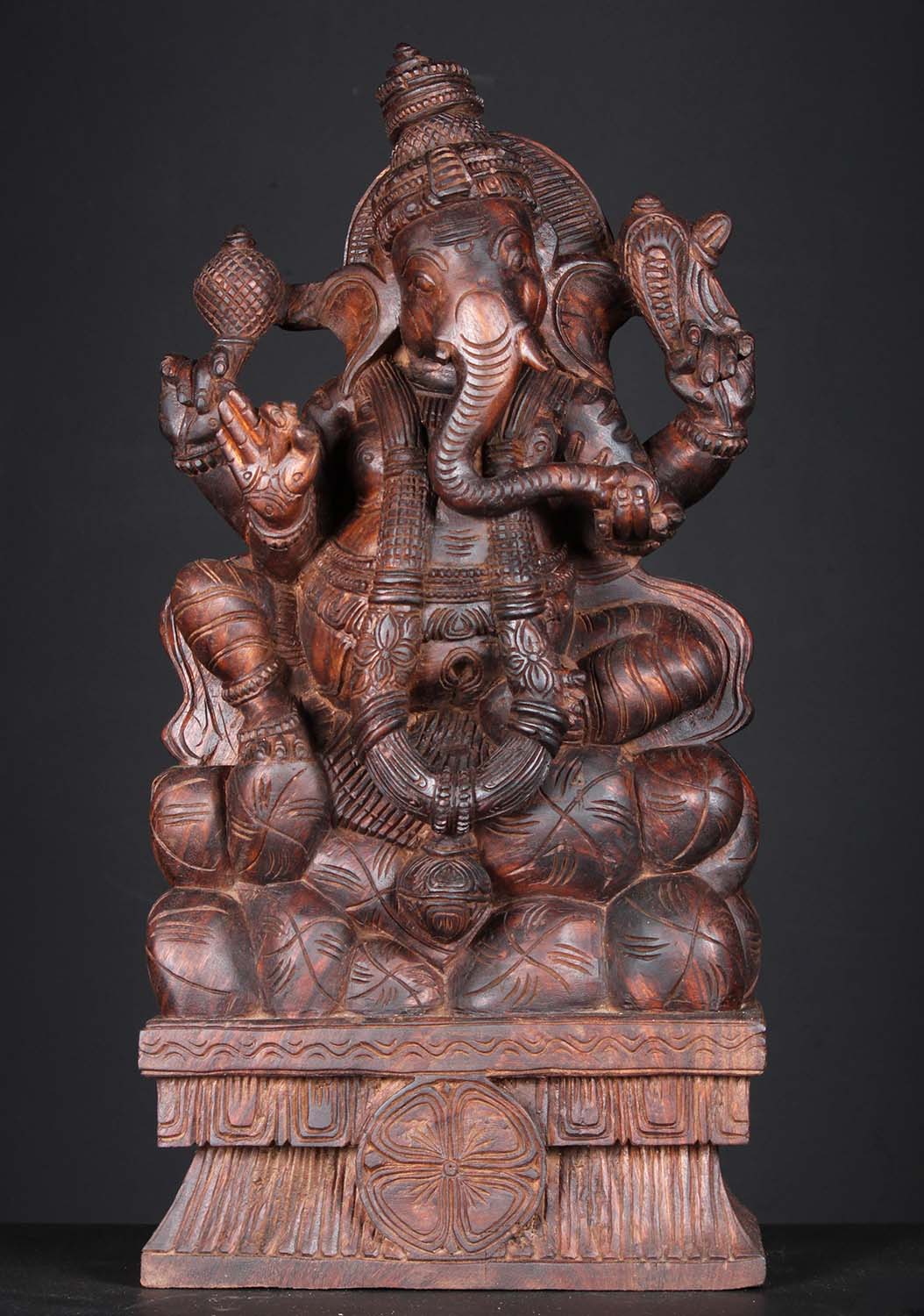 Wood Ganapathi Statue Seated on Mountain 24"