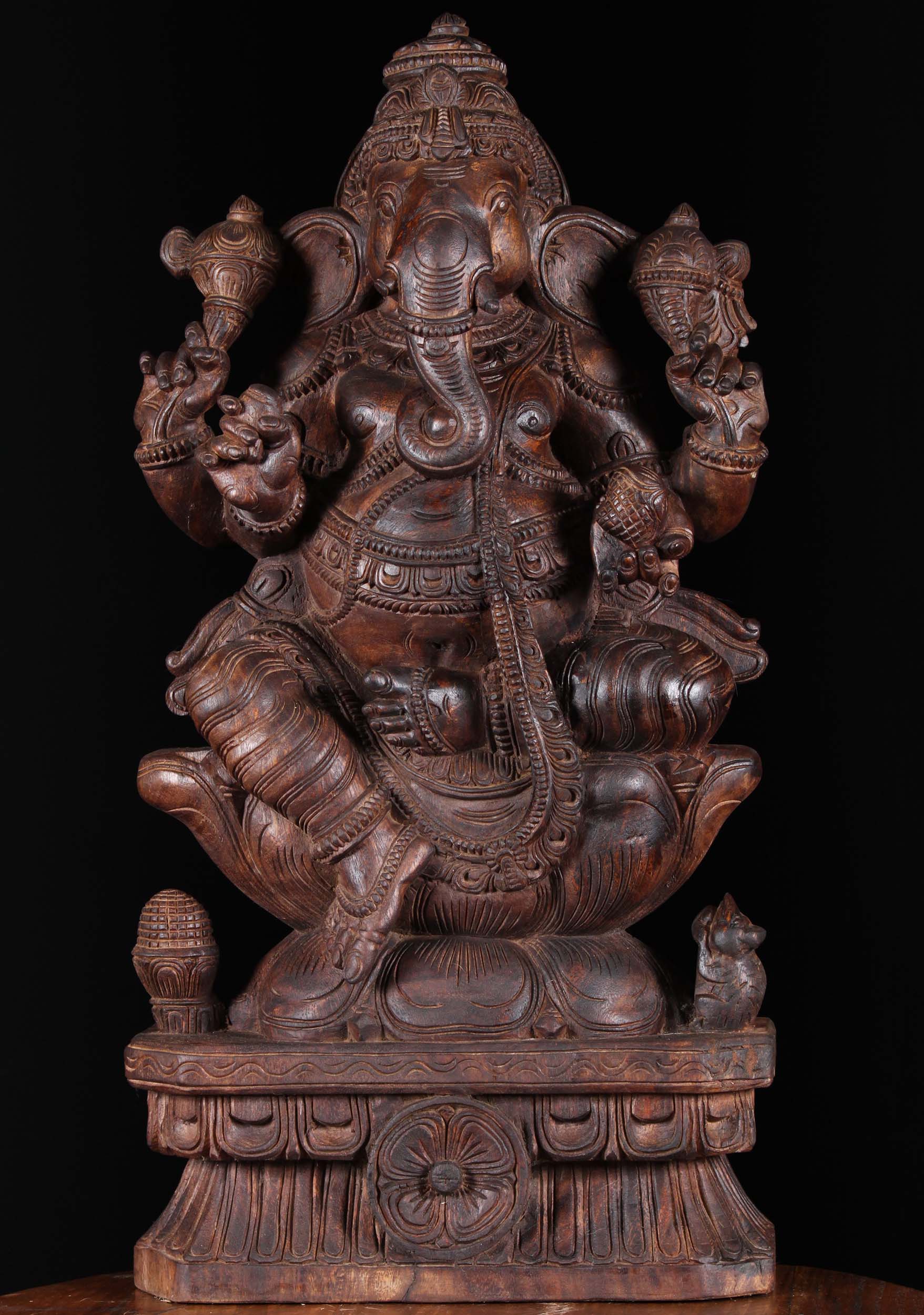 Wooden Seated Ganapathi Sculpture 30"