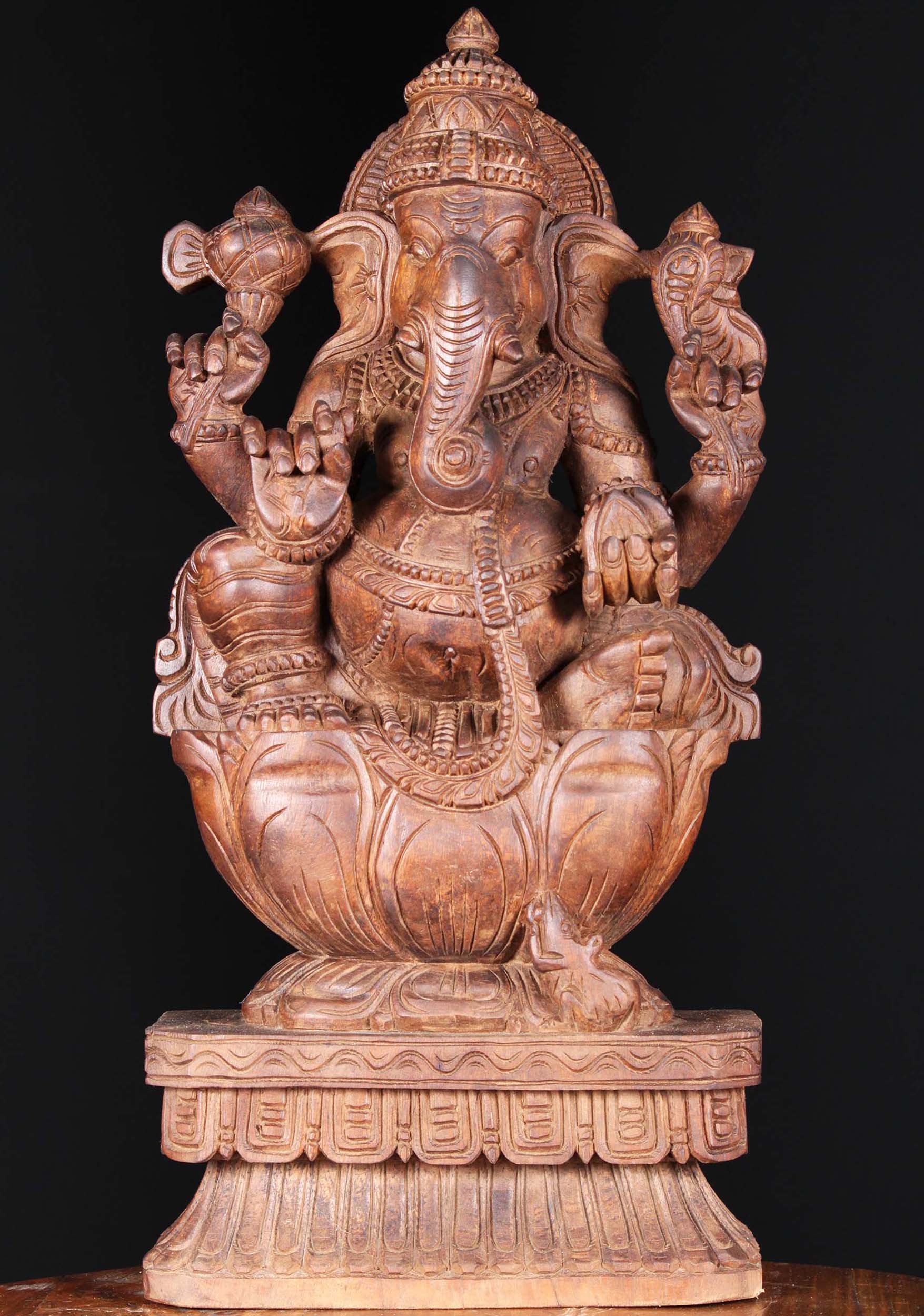 SOLD Wood Ganapathi Seated on Large Lotus Base 24